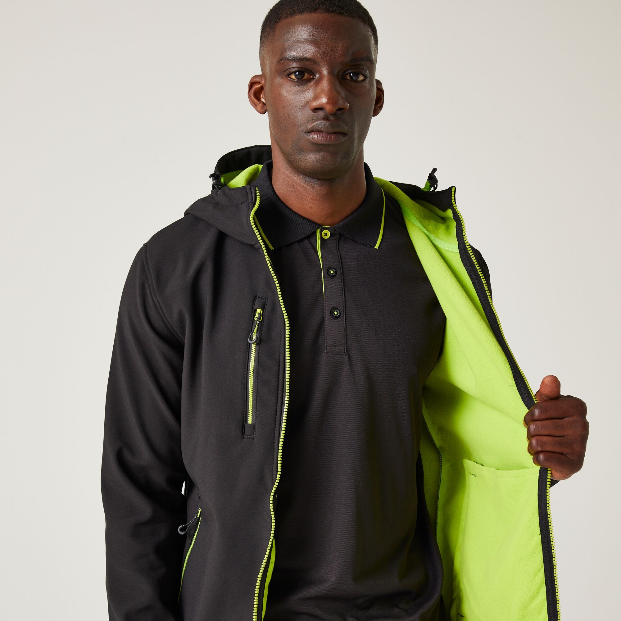 Men's Navigate 2 Layer Hooded Softshell Jacket | Black Lime Green