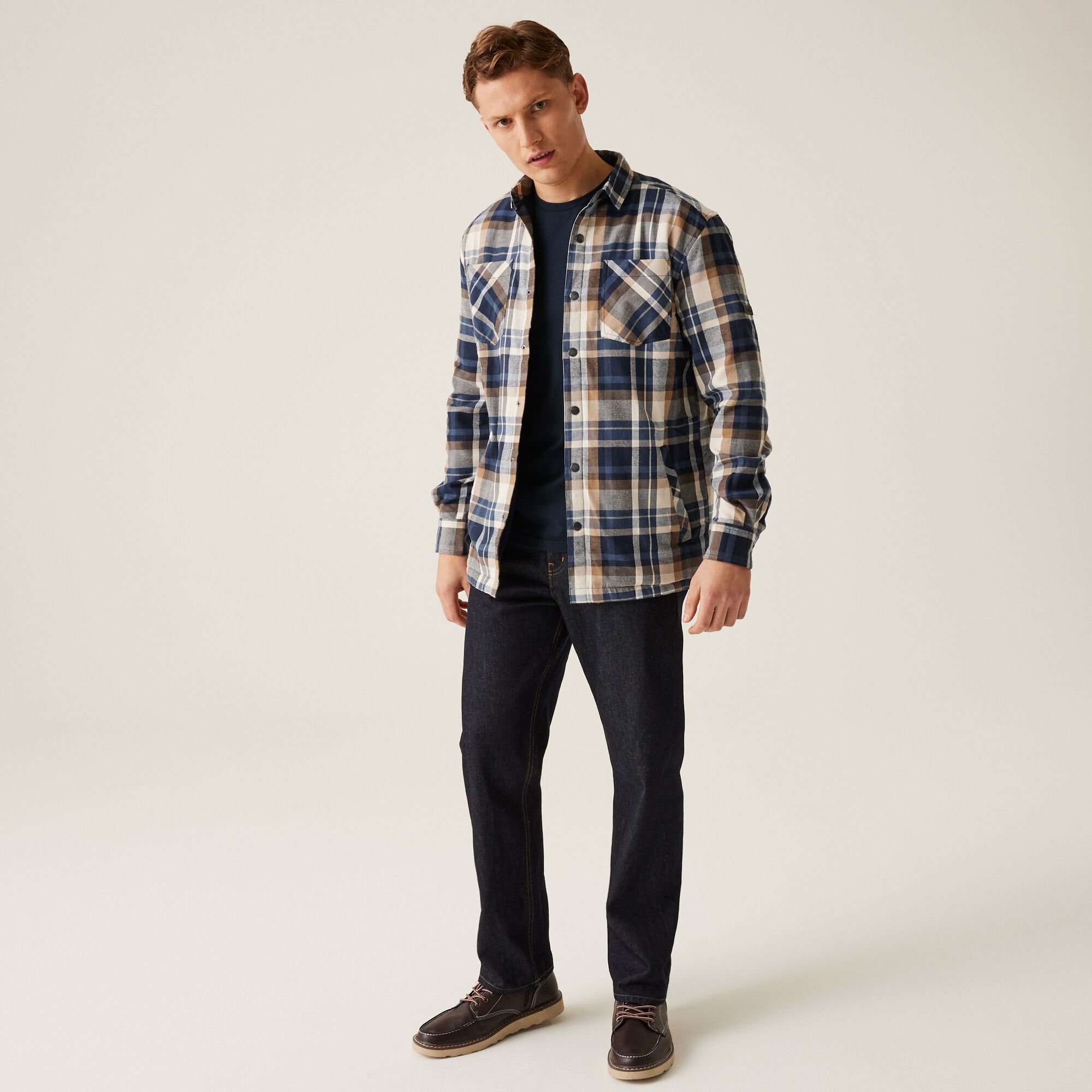 Men's Thamos Long Sleeved Checked Shirt | Navy Gold Sand Check