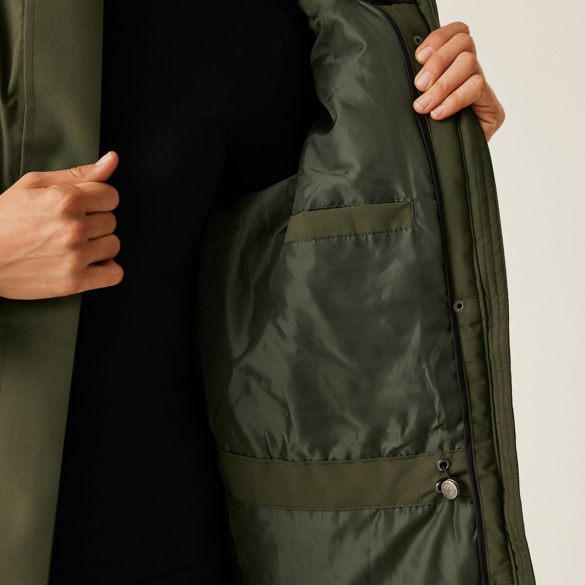 Women's Yarli Waterproof Longline Jacket | Dark Khaki Black