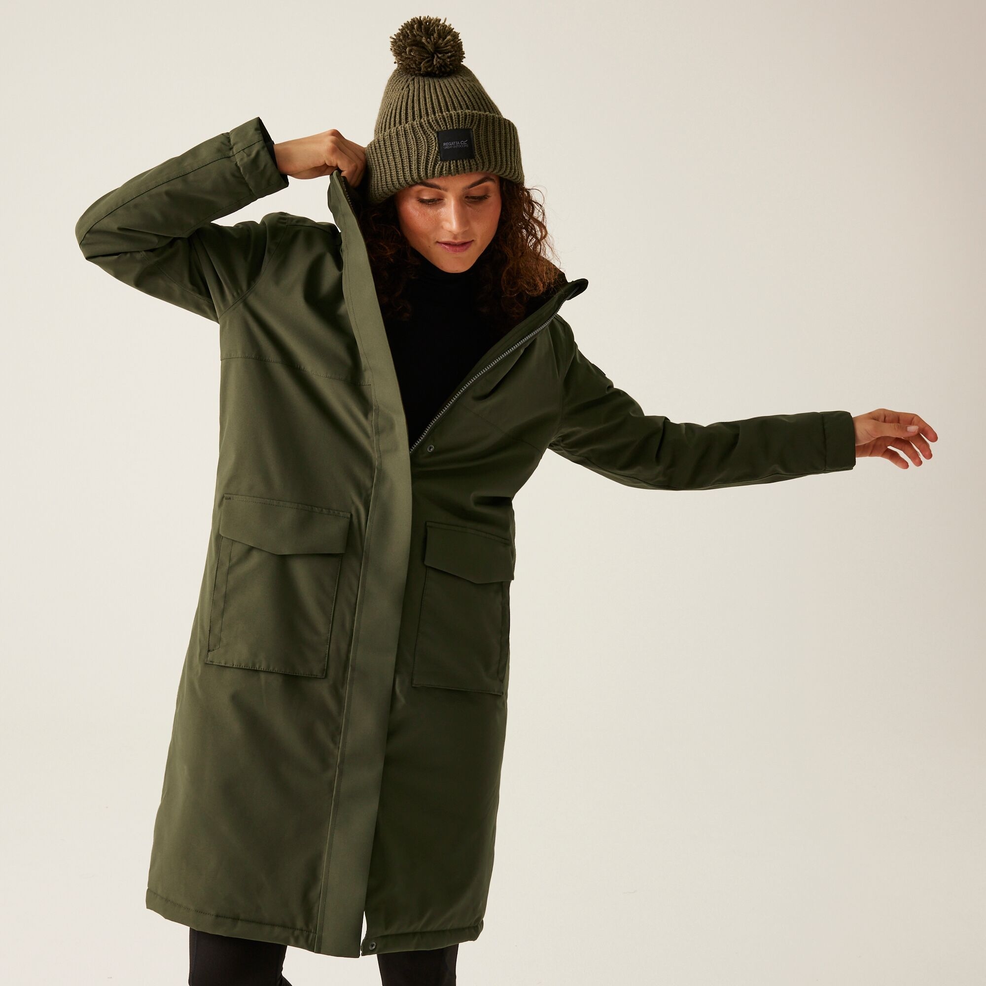 Women's Yarli Waterproof Longline Jacket | Dark Khaki Black