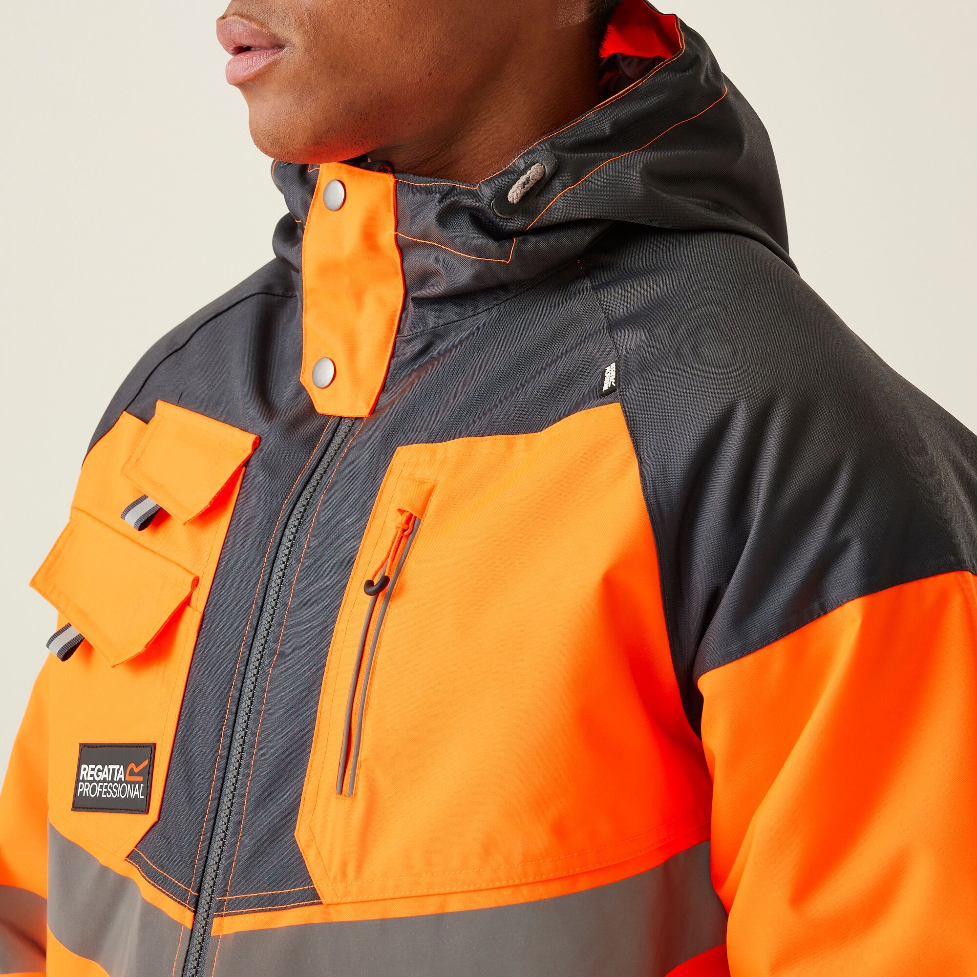 Men's Hi-Vis Waterproof Reflective Hooded Jacket | Orange Grey