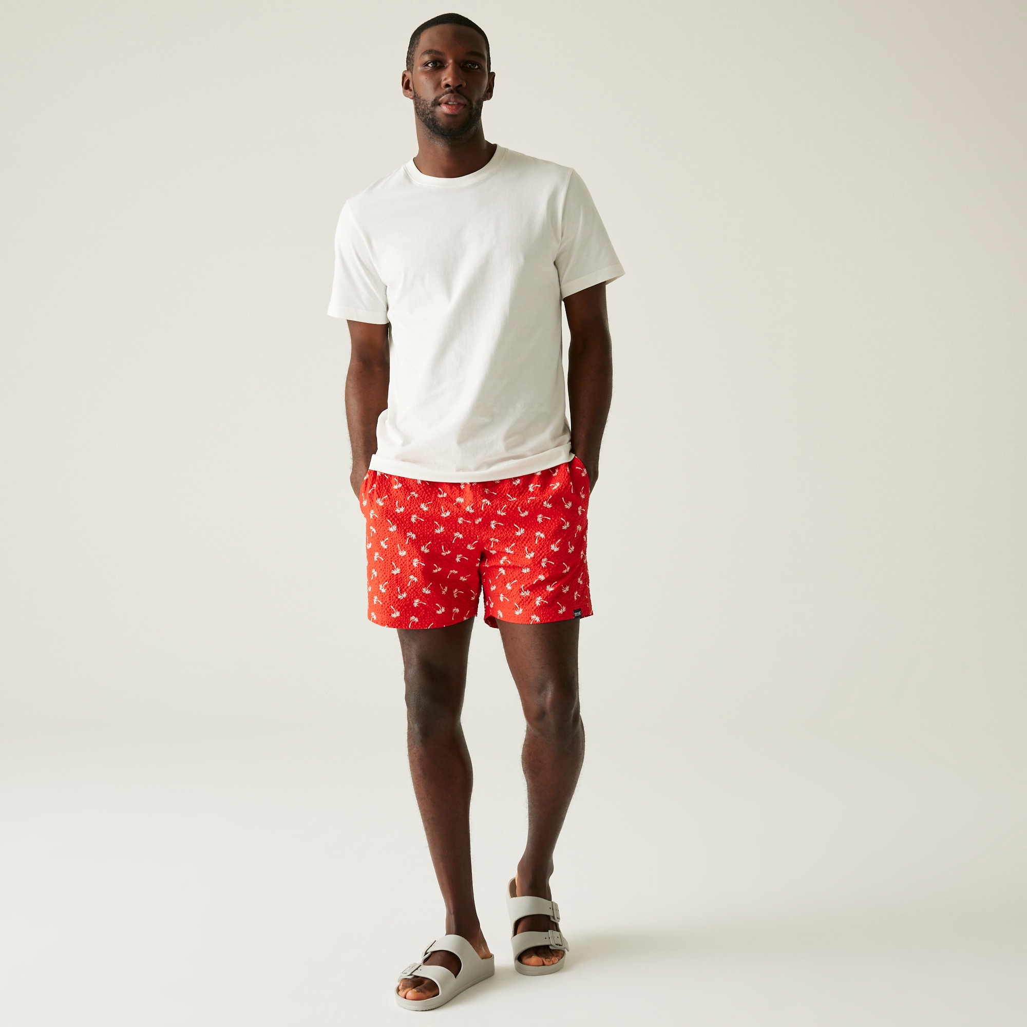 Men's Loras Swim Shorts | Poppy Red Palm Seersucker Co-Ord