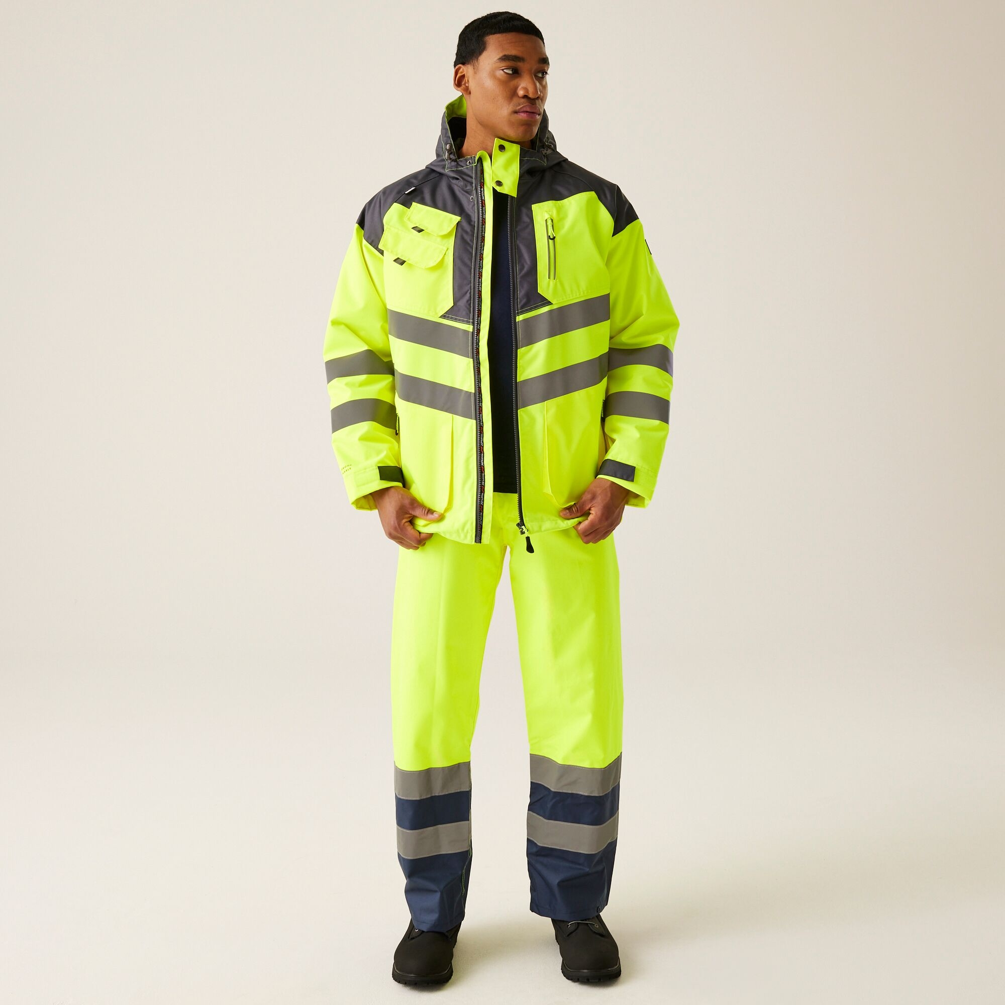 Men's Hi-Vis Waterproof Reflective Hooded Jacket | Yellow Grey