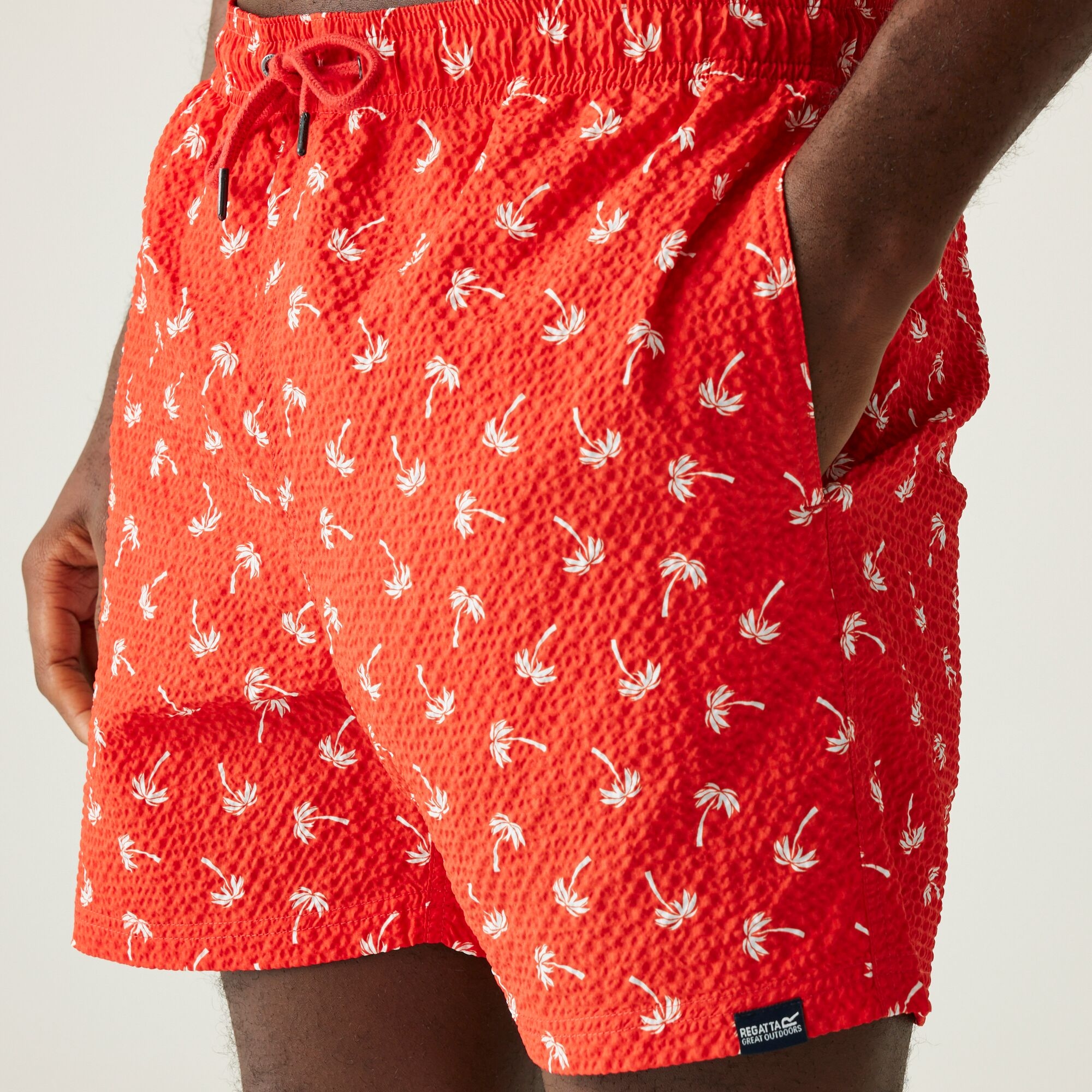 Men's Loras Swim Shorts | Poppy Red Palm Seersucker Co-Ord