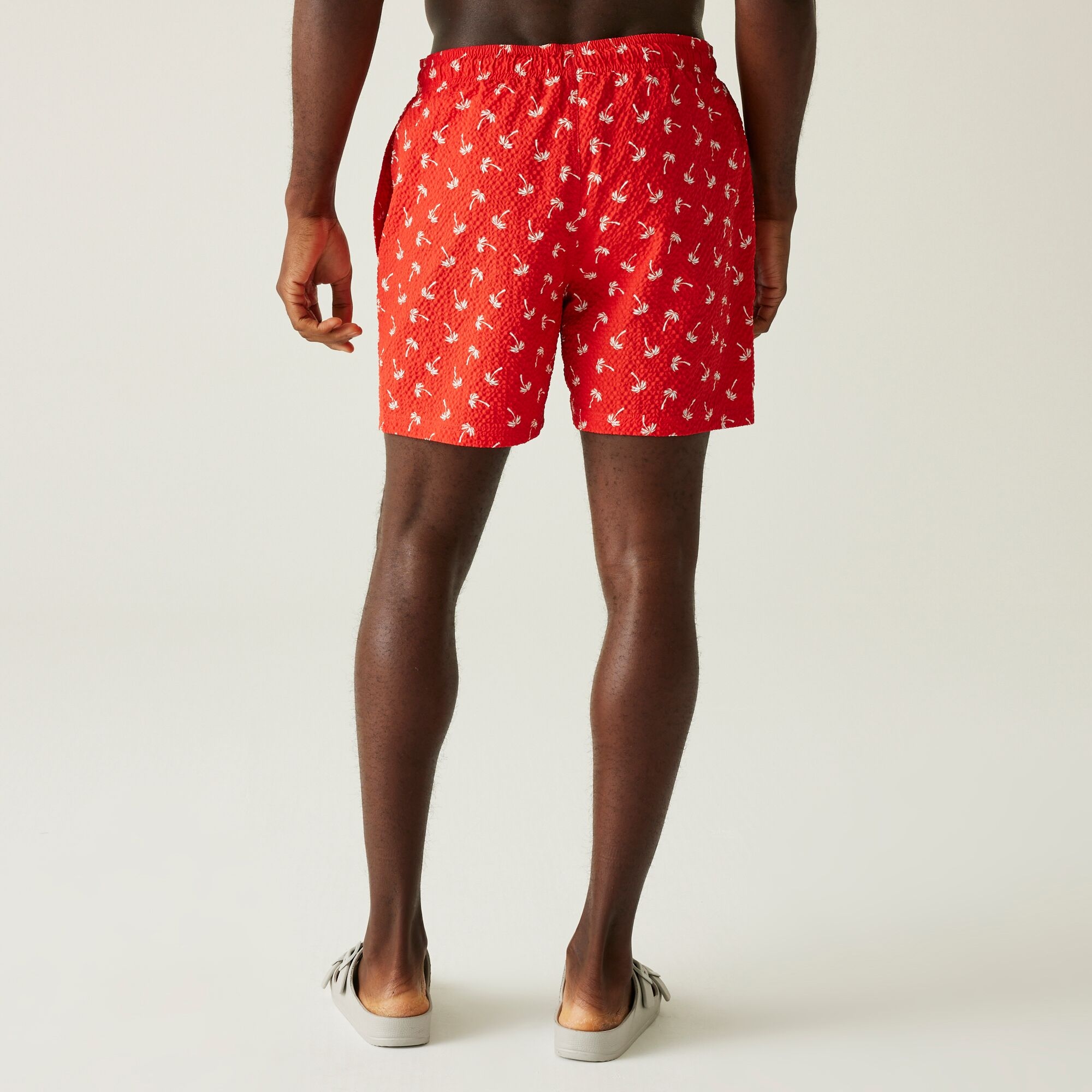 Men's Loras Swim Shorts | Poppy Red Palm Seersucker Co-Ord