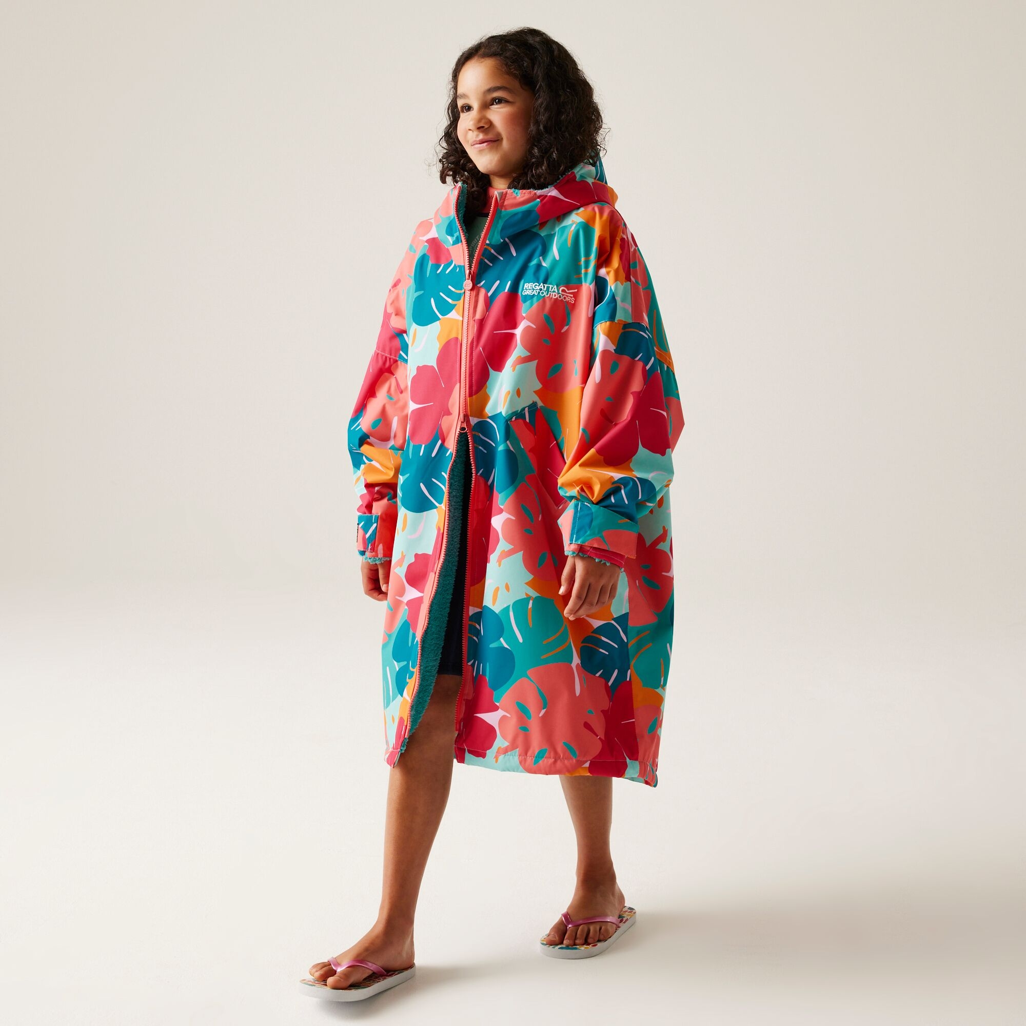 Junior Waterproof Changing Robe | Tropical Leaf Print Turquoise