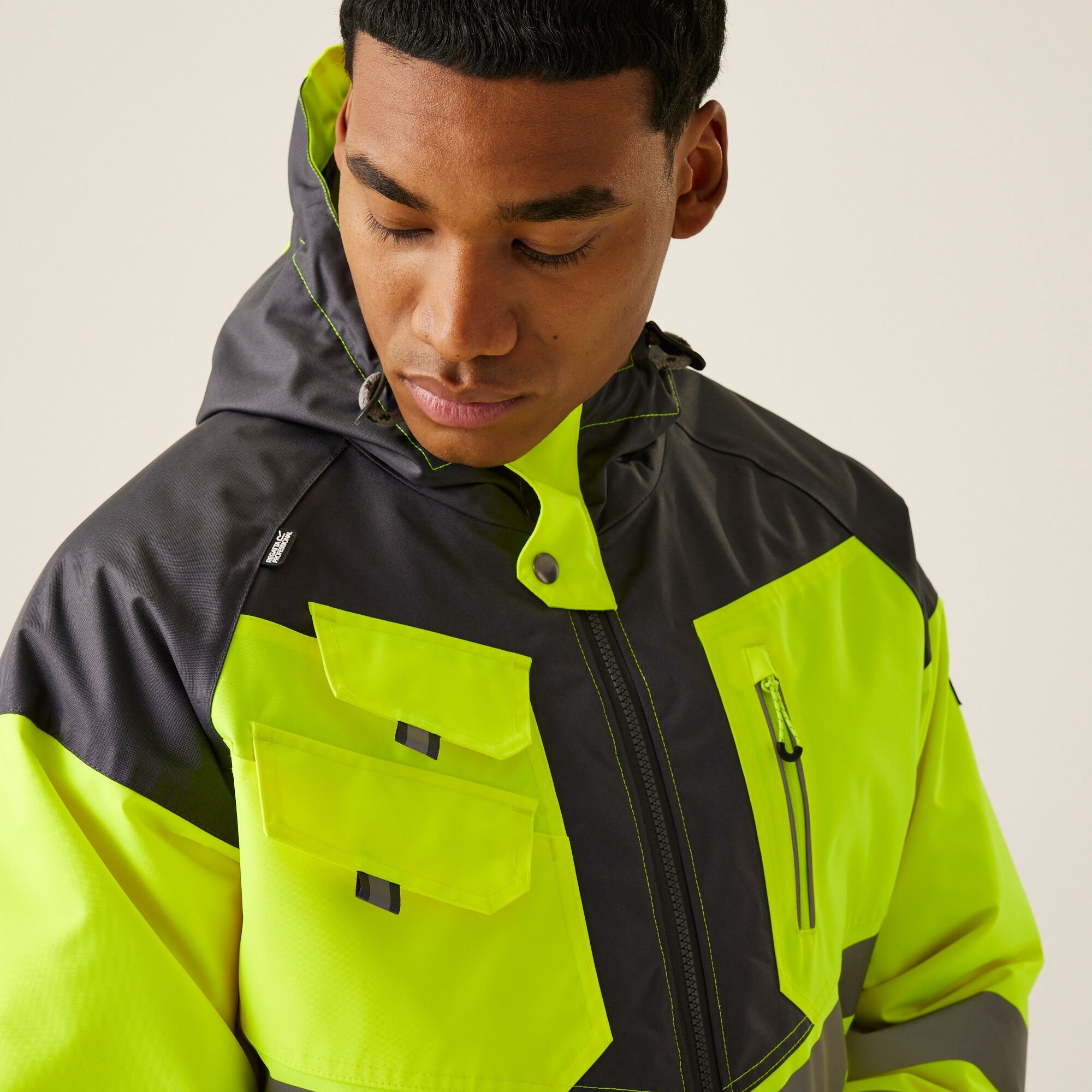 Men's Hi-Vis Waterproof Reflective Hooded Jacket | Yellow Grey