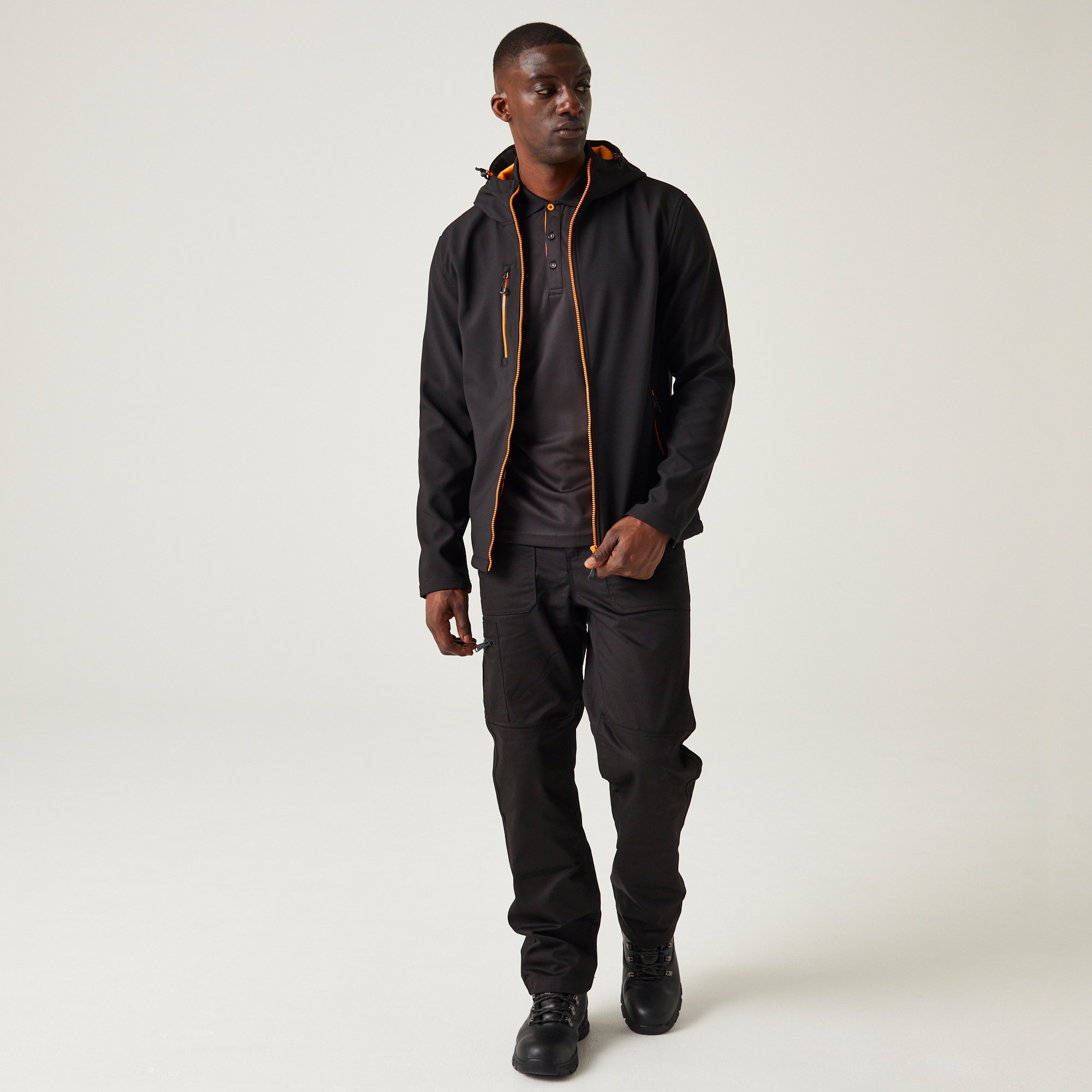 Men's Navigate 2 Layer Hooded Softshell Jacket | Black Orange Pop