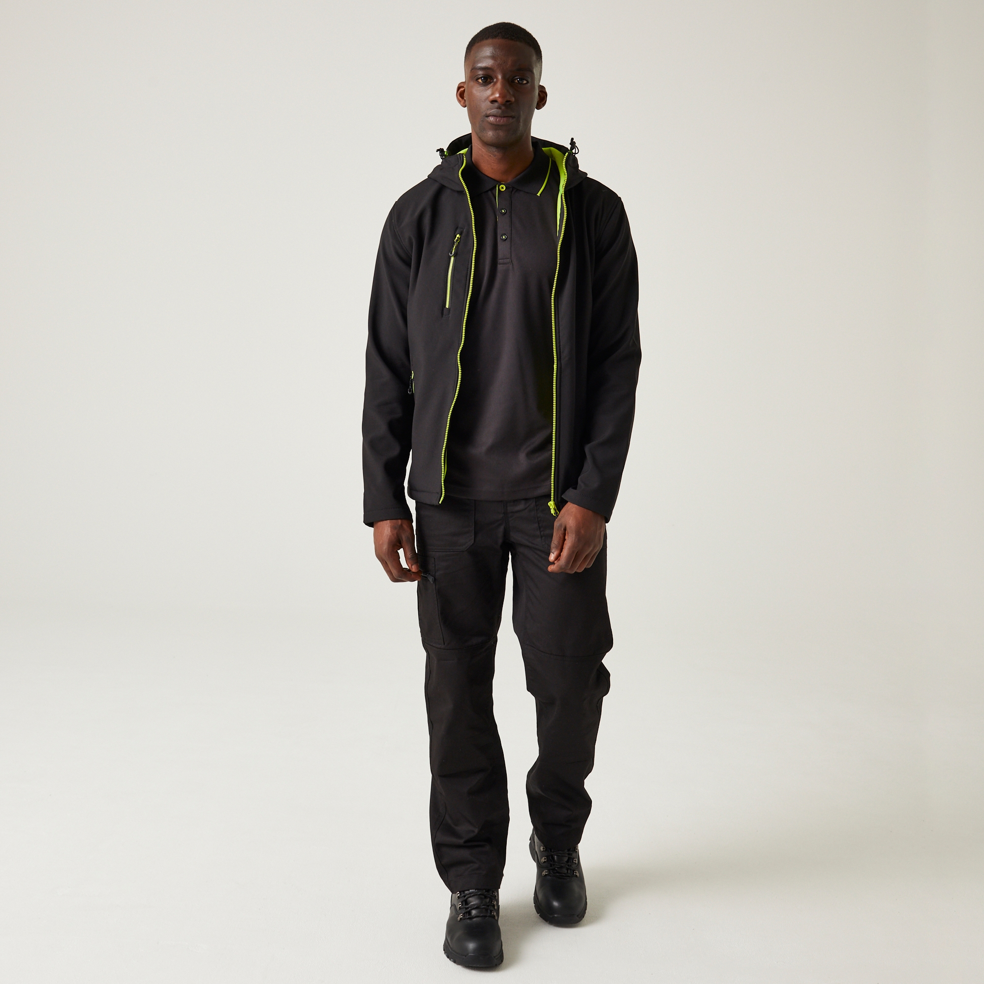 Men's Navigate 2 Layer Hooded Softshell Jacket | Black Lime Green