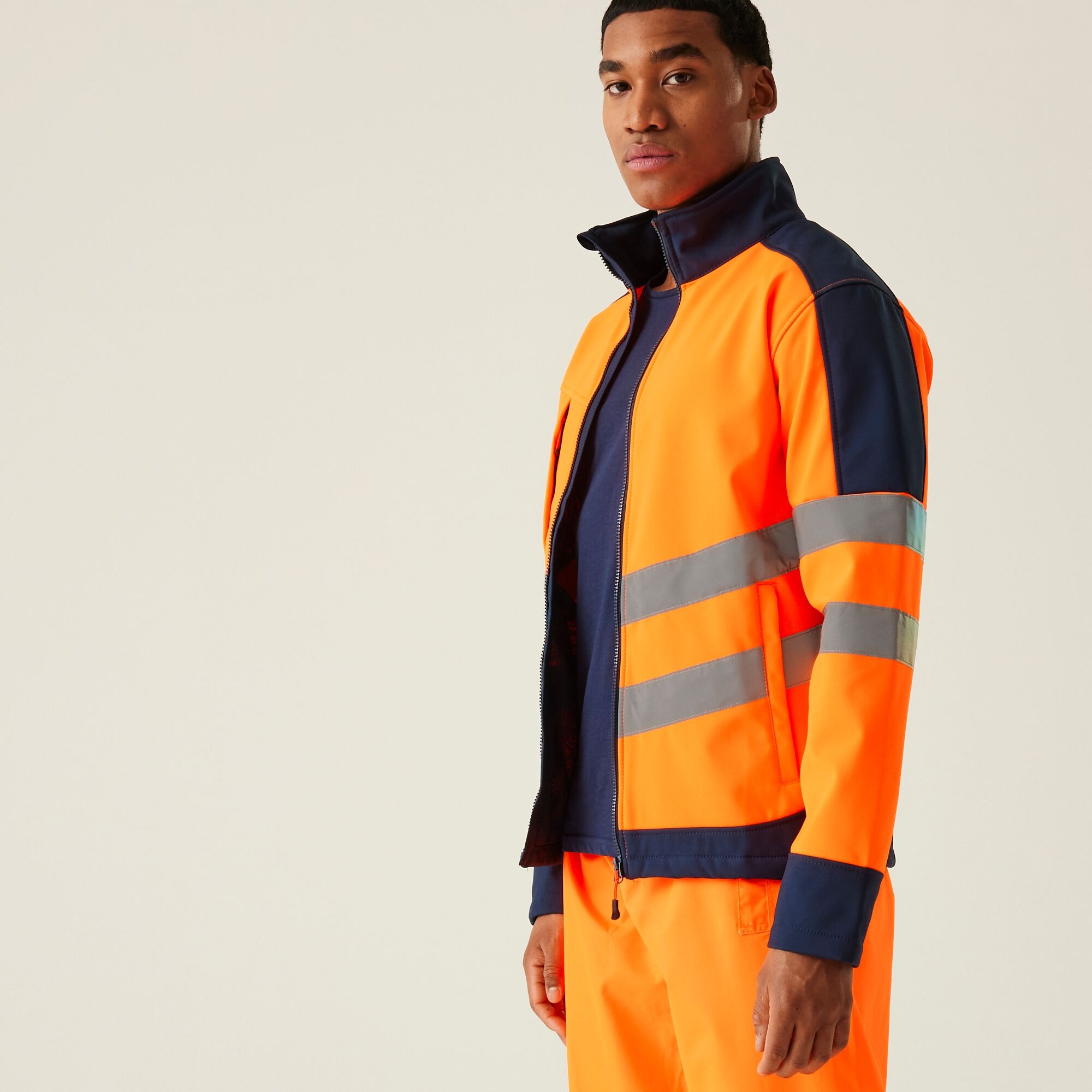Men's Hi-Vis 3 Layer Softshell Reflective Work Jacket | Orange Navy