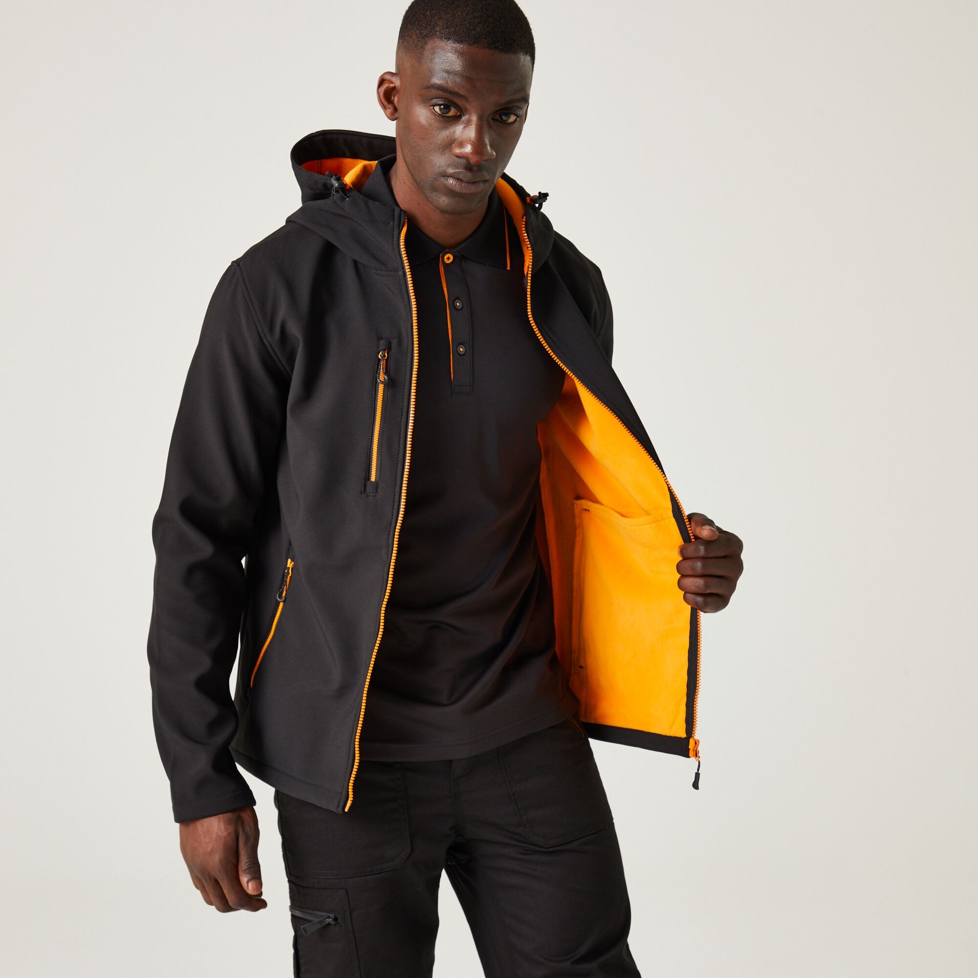 Men's Navigate 2 Layer Hooded Softshell Jacket | Black Orange Pop