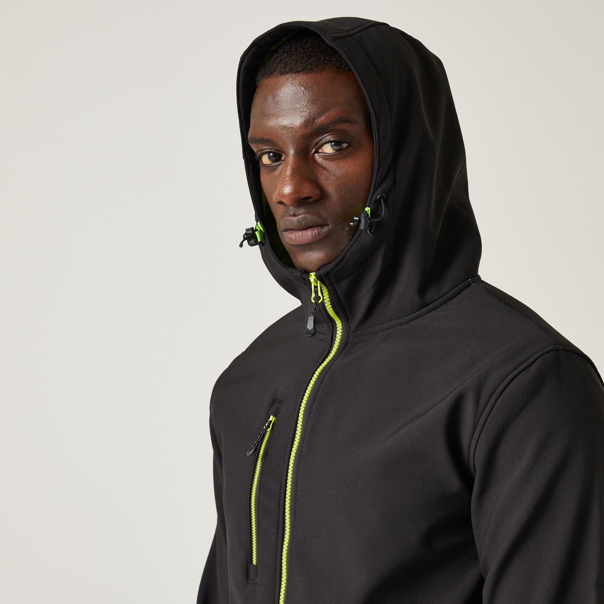 Men's Navigate 2 Layer Hooded Softshell Jacket | Black Lime Green