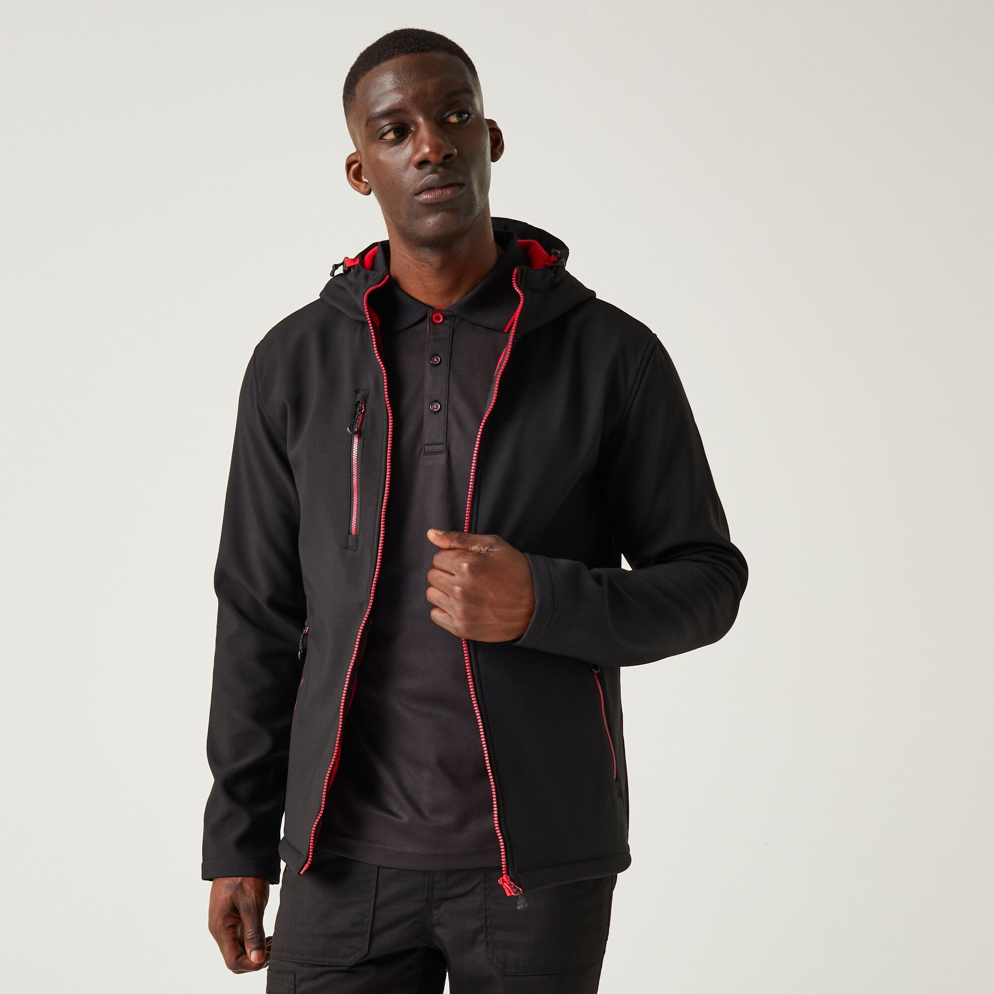 Men's Navigate 2 Layer Hooded Softshell Jacket | Black Classic Red