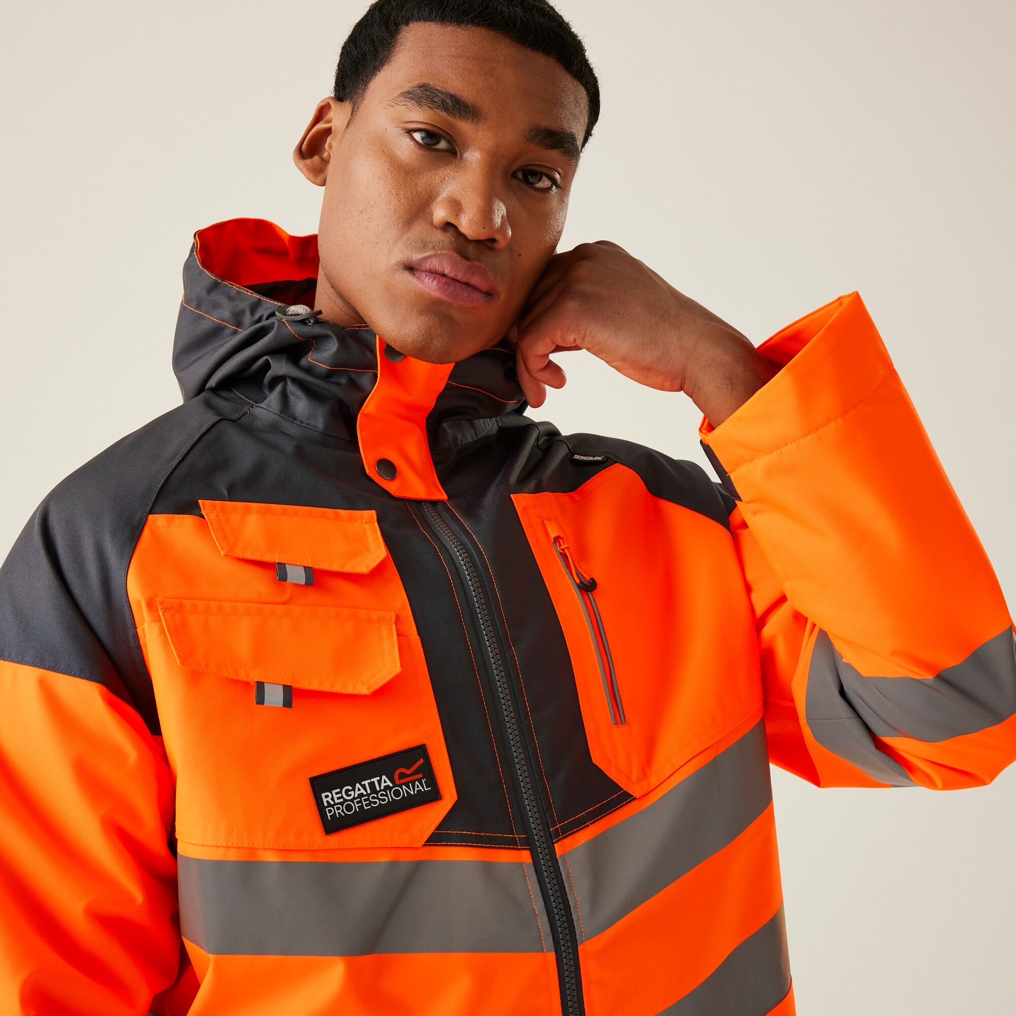 Men's Hi-Vis Waterproof Reflective Hooded Jacket | Orange Grey