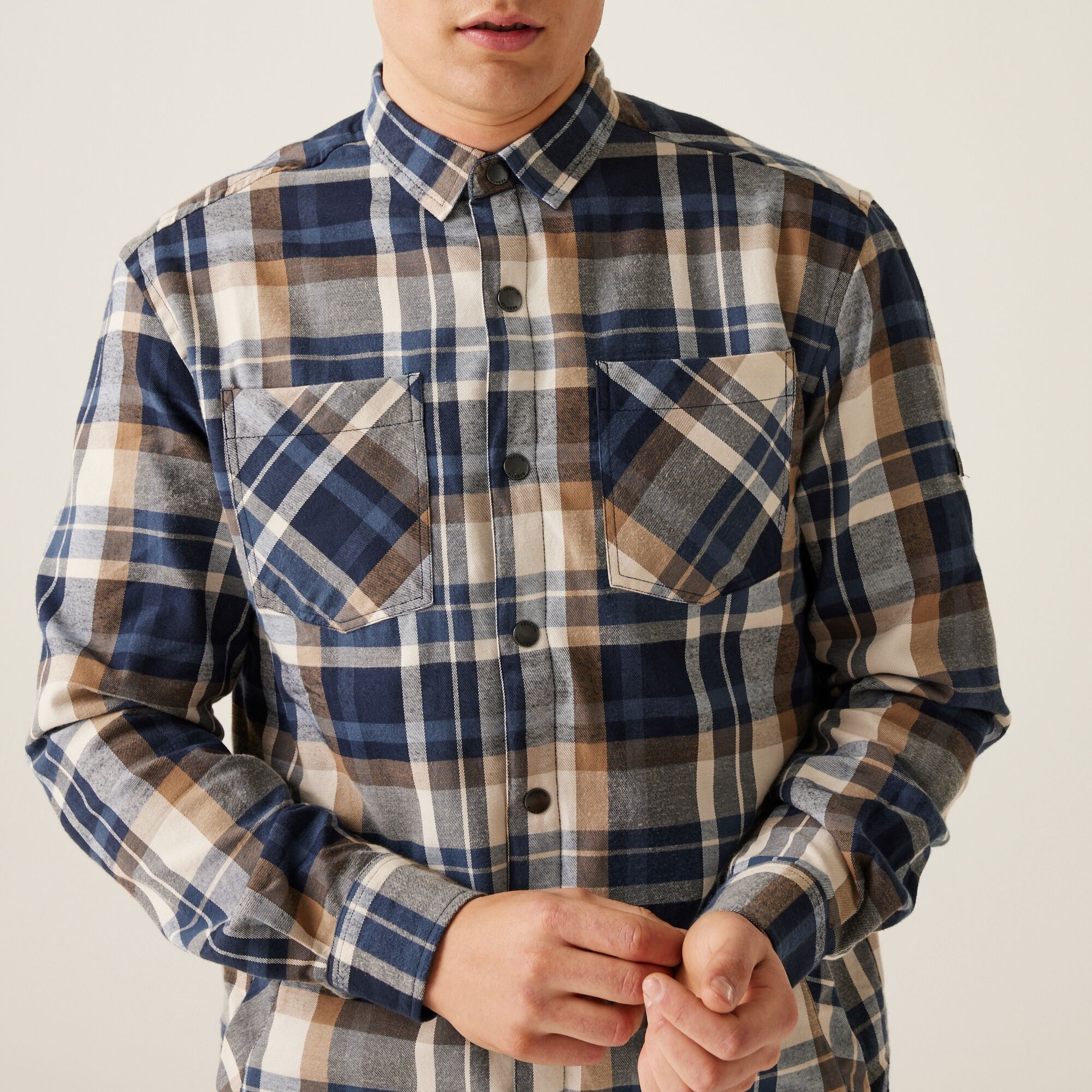 Men's Thamos Long Sleeved Checked Shirt | Navy Gold Sand Check