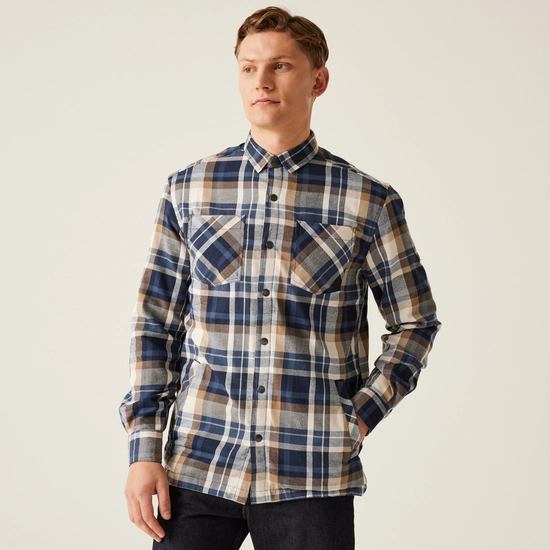 Men's Thamos Long Sleeved Checked Shirt | Navy Gold Sand Check