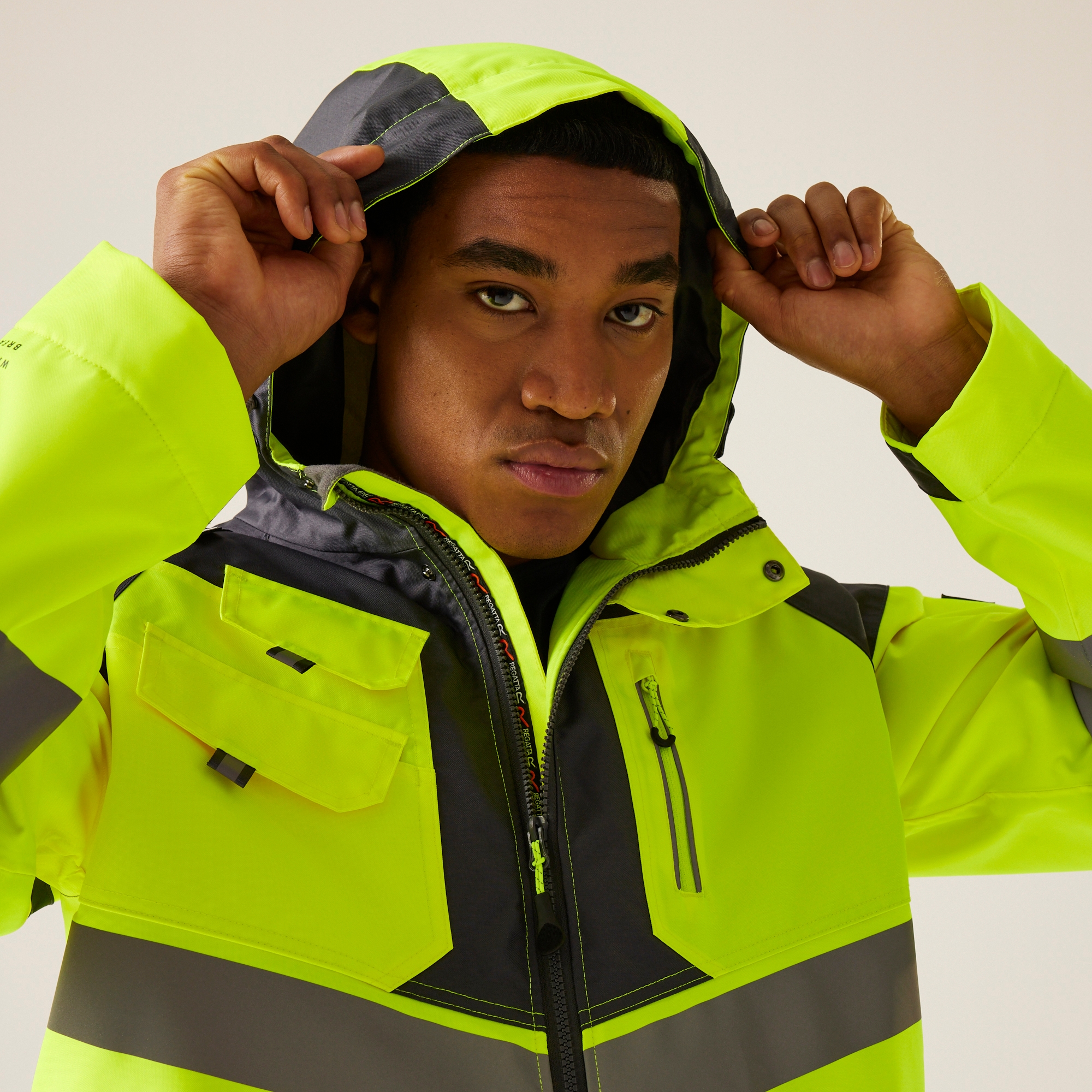 Men's Hi-Vis Waterproof Reflective Hooded Jacket | Yellow Grey
