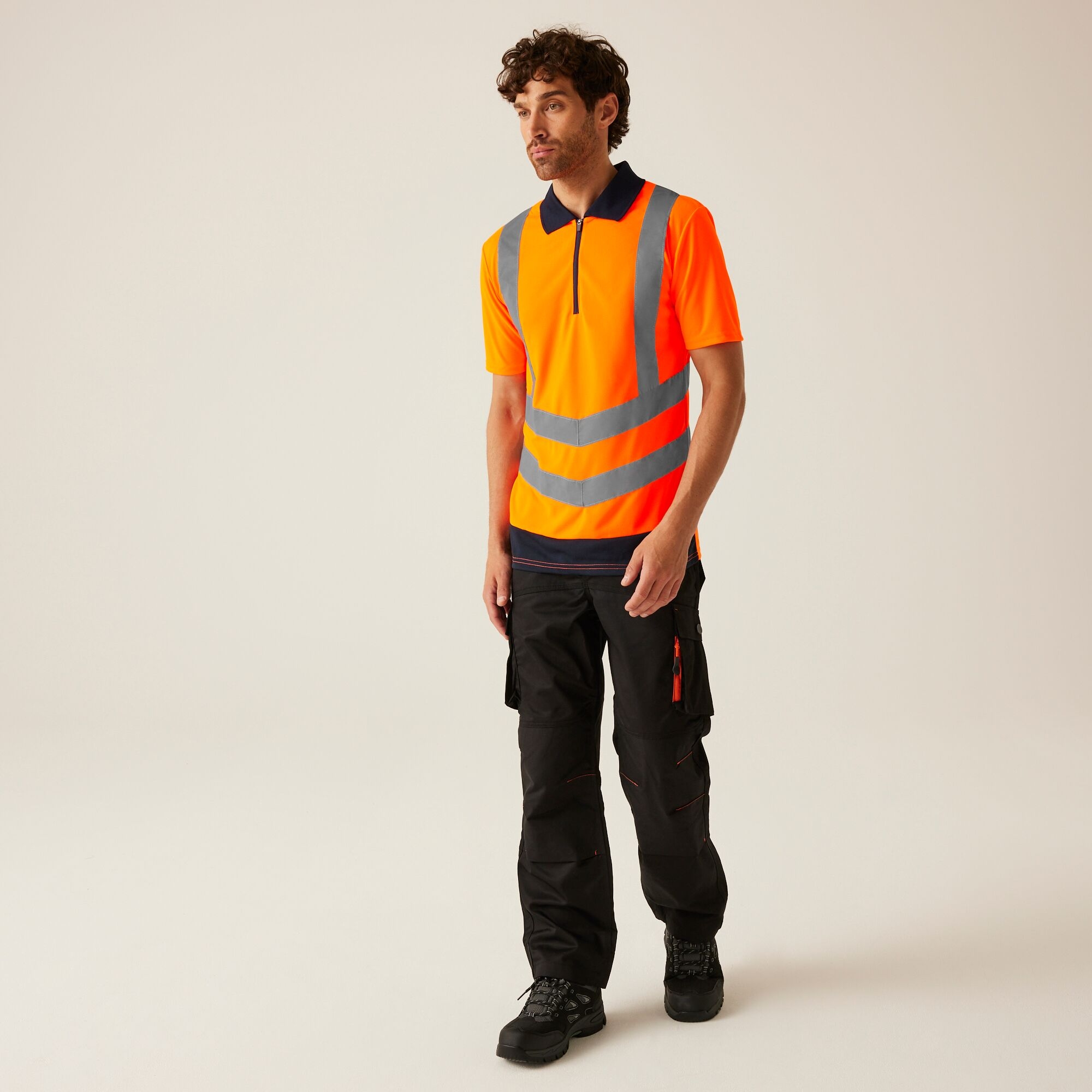 Men's Hi Vis Pro Reflective Polo Work Shirt | Orange Navy