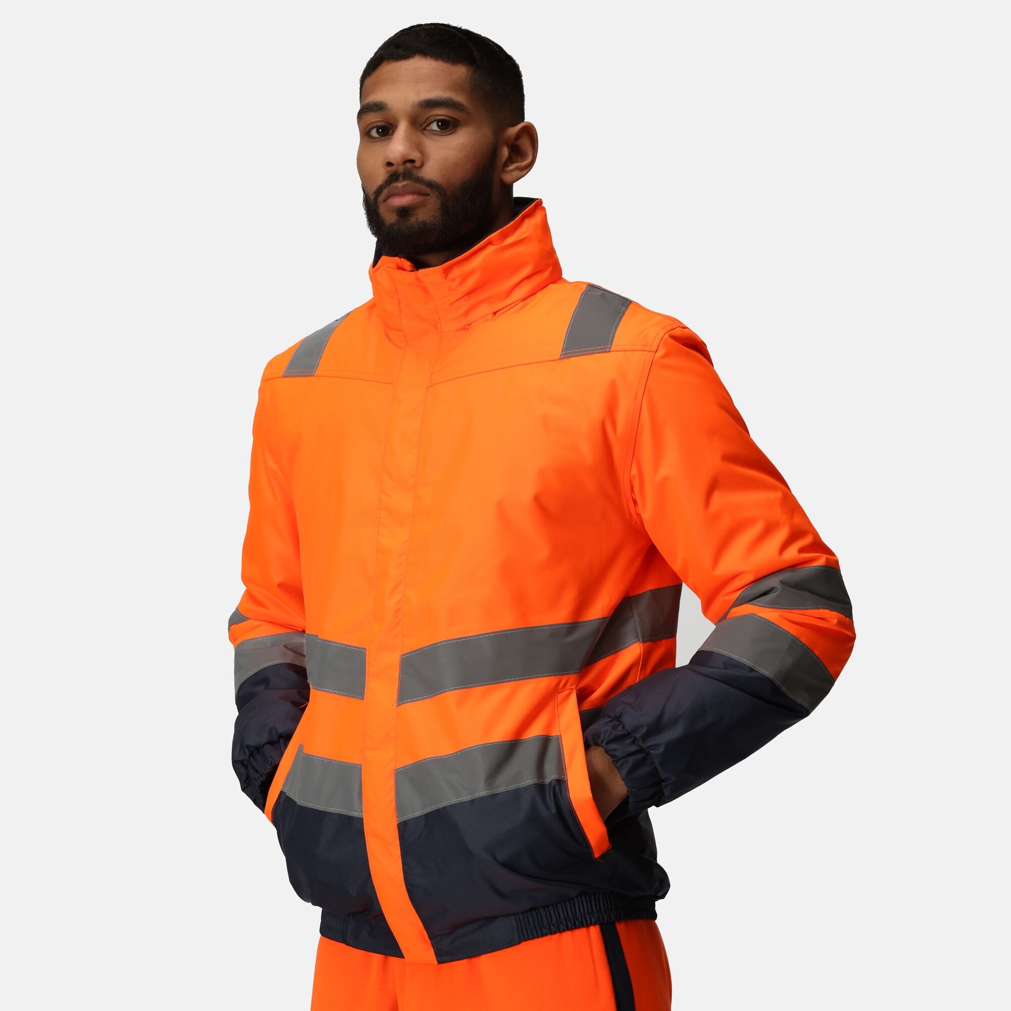 Men's Waterproof Hi-Vis Bomber Jacket | Orange Navy