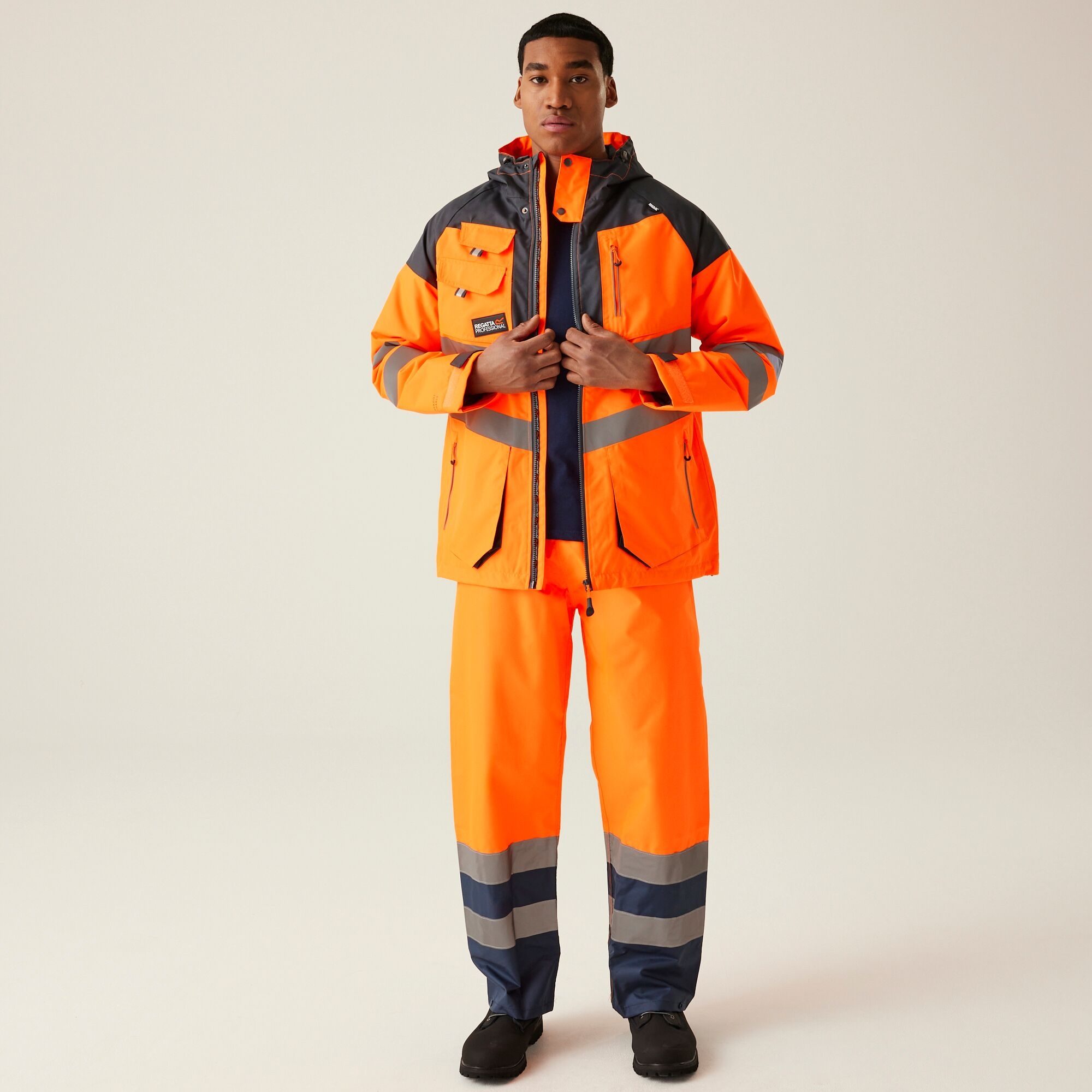 Men's Hi-Vis Waterproof Reflective Hooded Jacket | Orange Grey