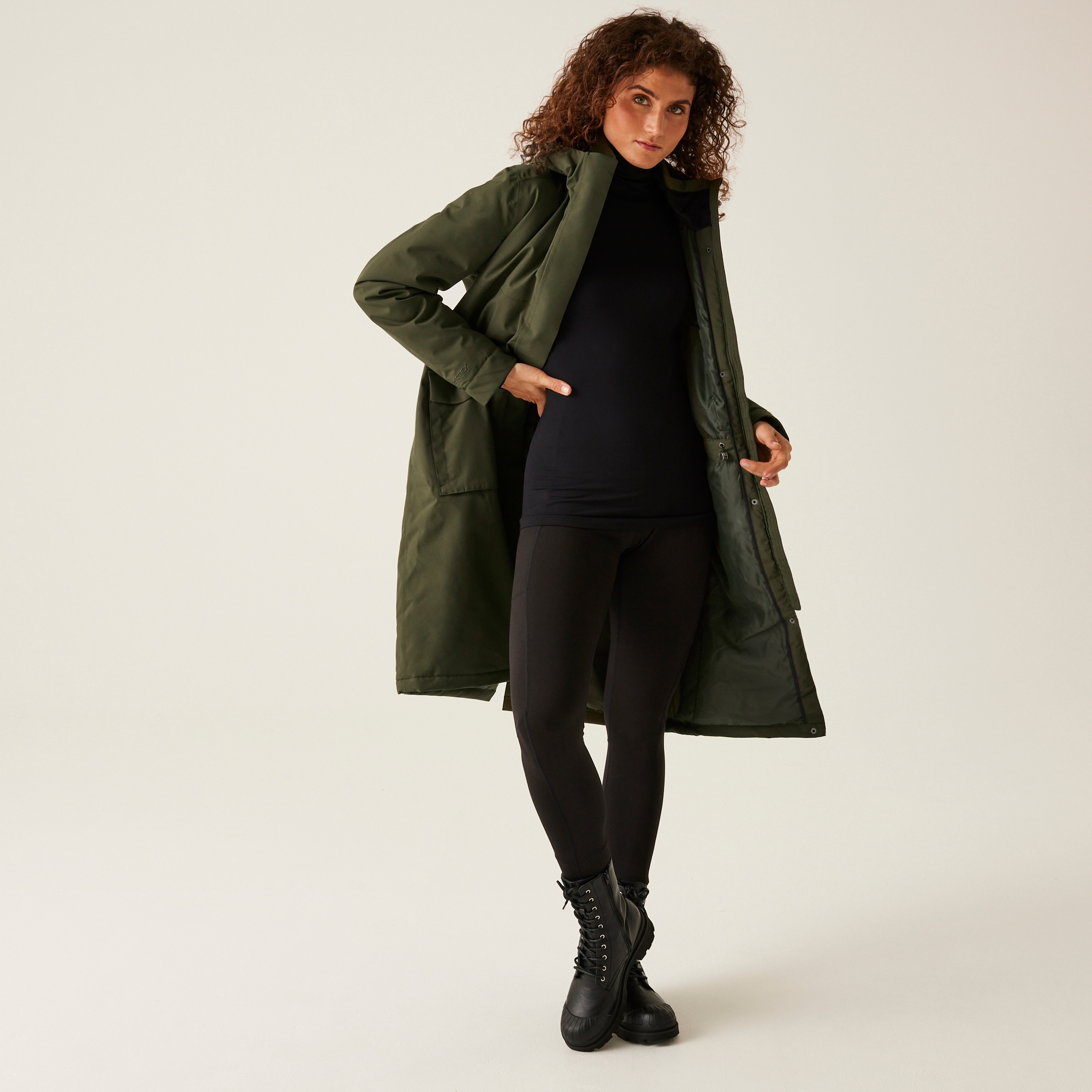 Women's Yarli Waterproof Longline Jacket | Dark Khaki Black
