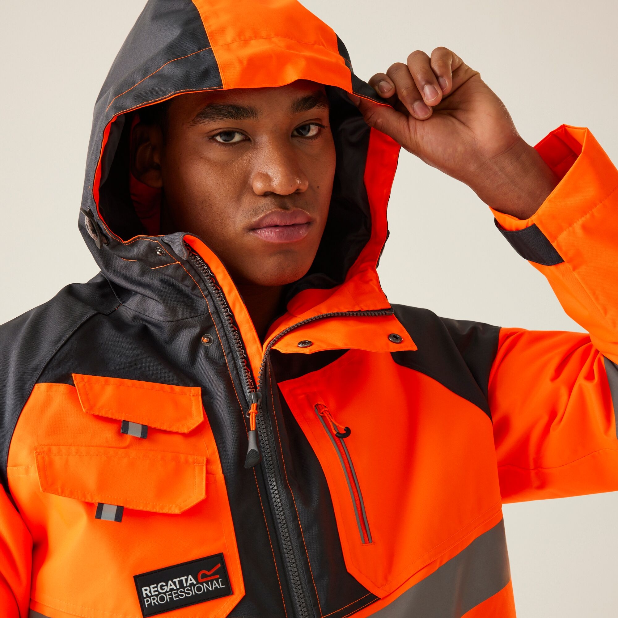 Men's Hi-Vis Waterproof Reflective Hooded Jacket | Orange Grey