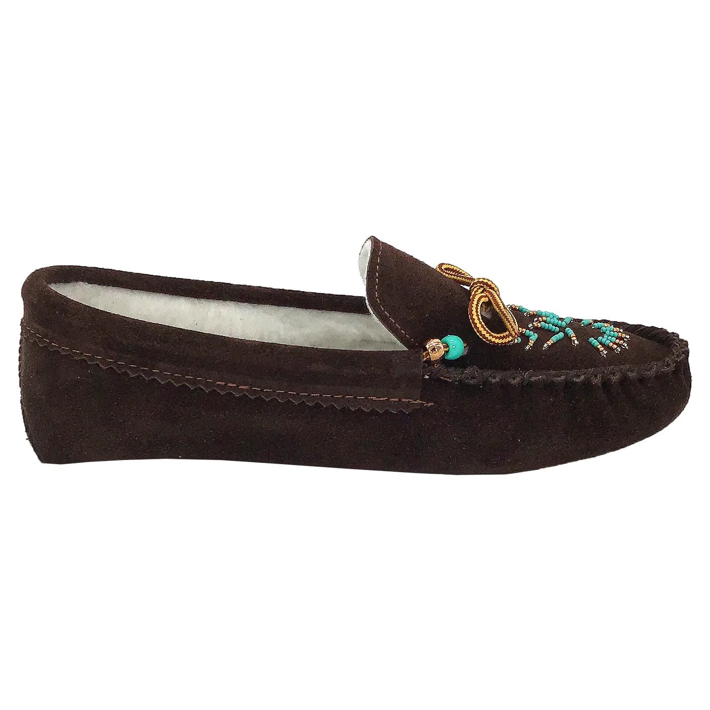 Women's Fleece Lined Beaded Brown Suede Moccasins