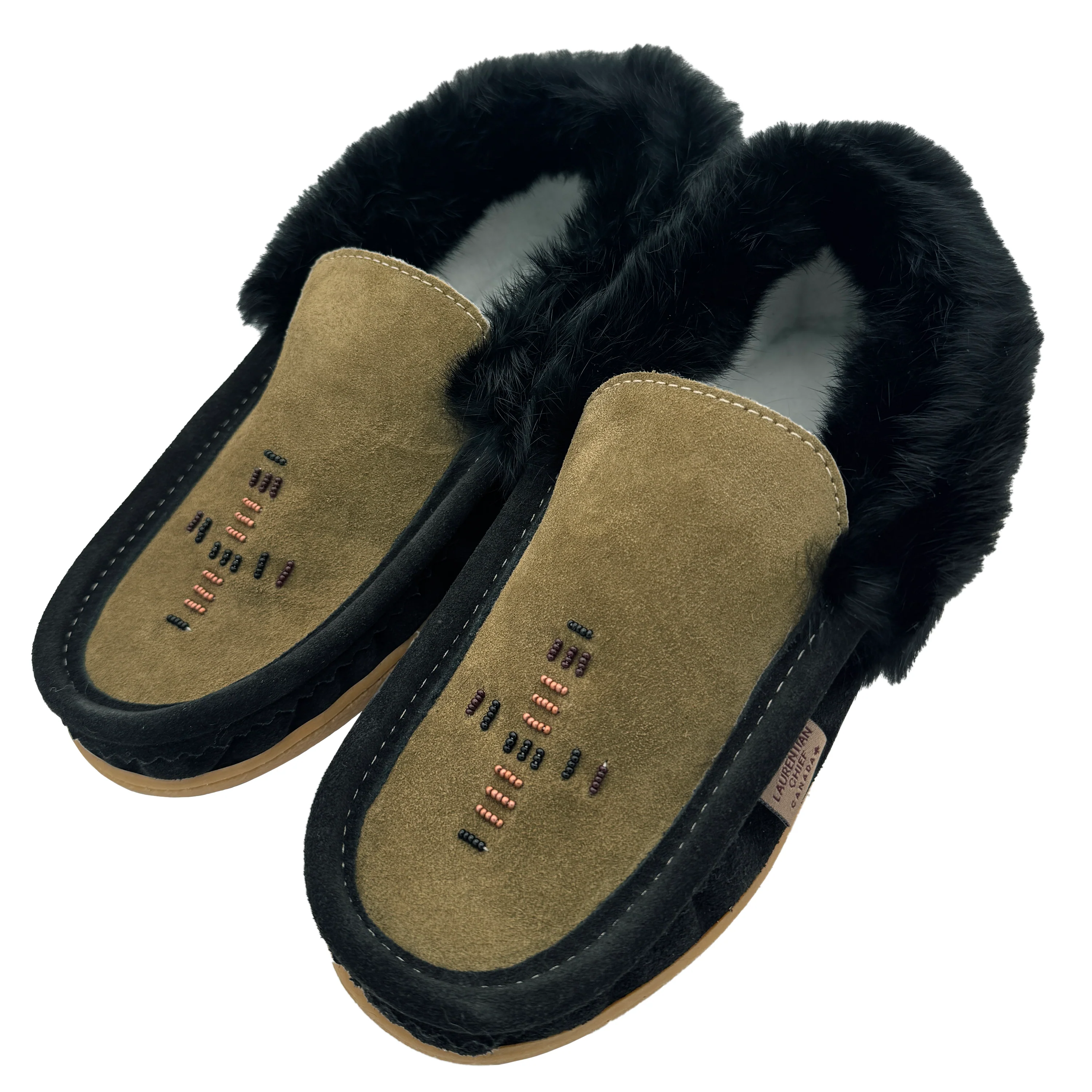 Men's Rabbit Fur Beaded Rubber Sole Moccasins