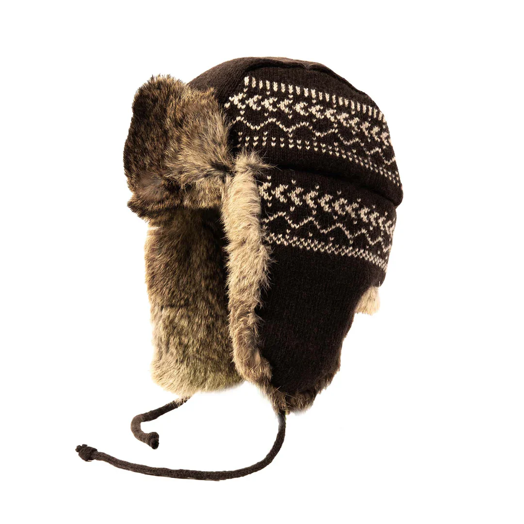Lambs Wool Knit Aviator Hat with Rabbit Trim