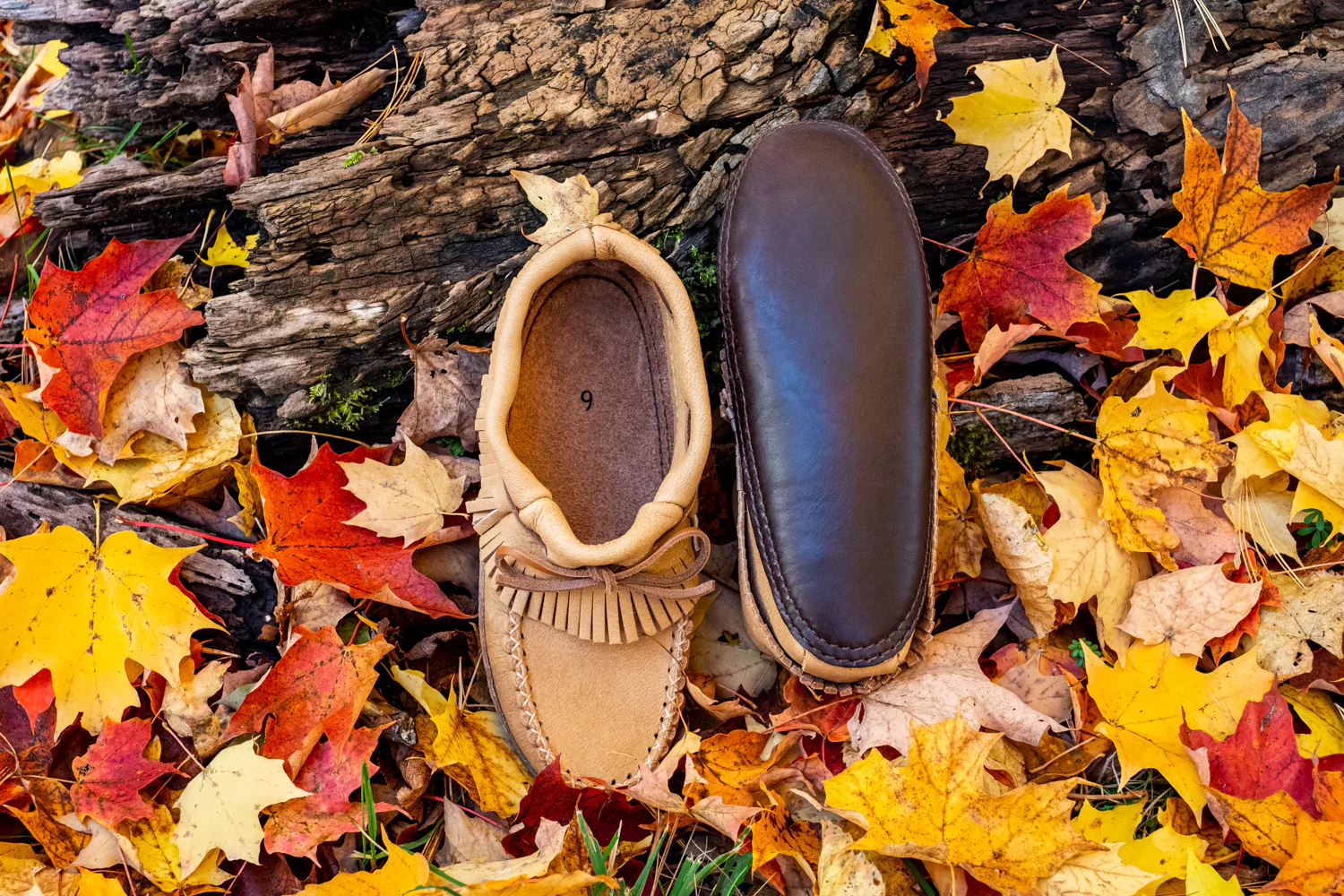 Men's Earthing Moccasins Moose Hide Fringed with Heavy Oil Tan Soles