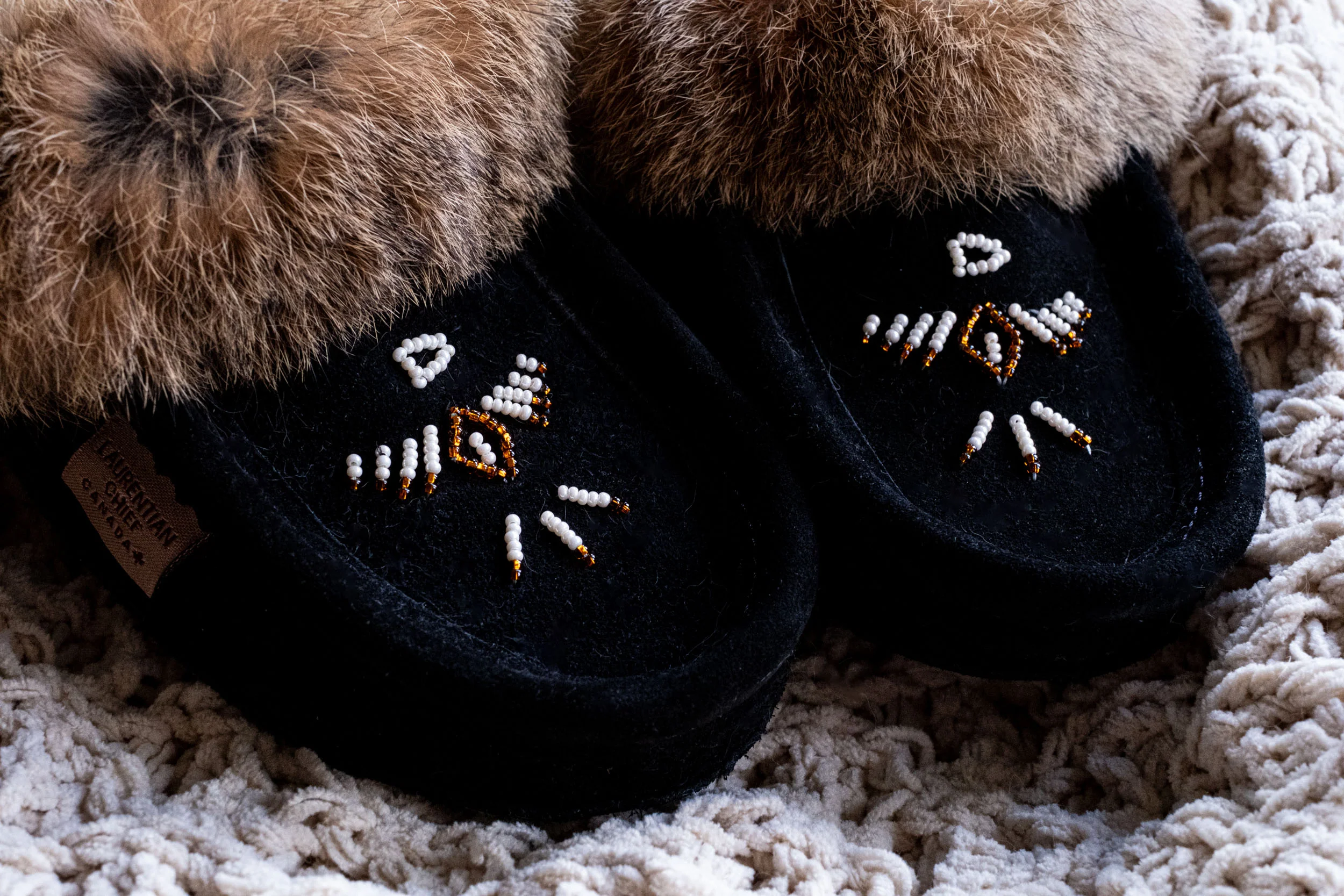 Women's Rabbit Fur Thunderbird Beaded Moccasins