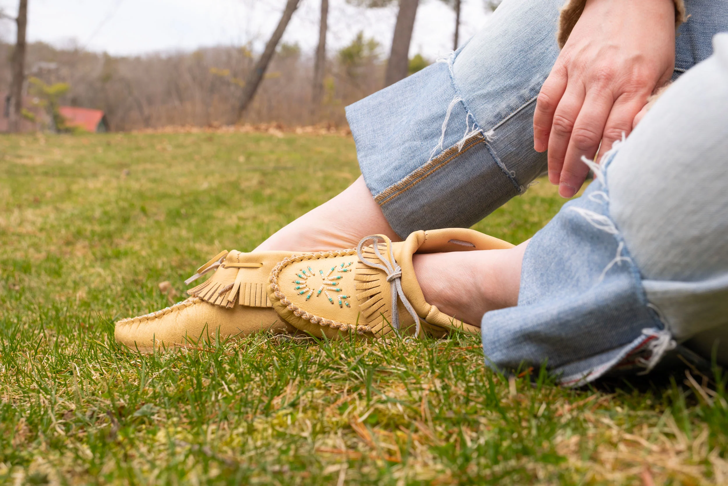 Women's Moose Hide Beaded & Fringed Moccasin Shoes