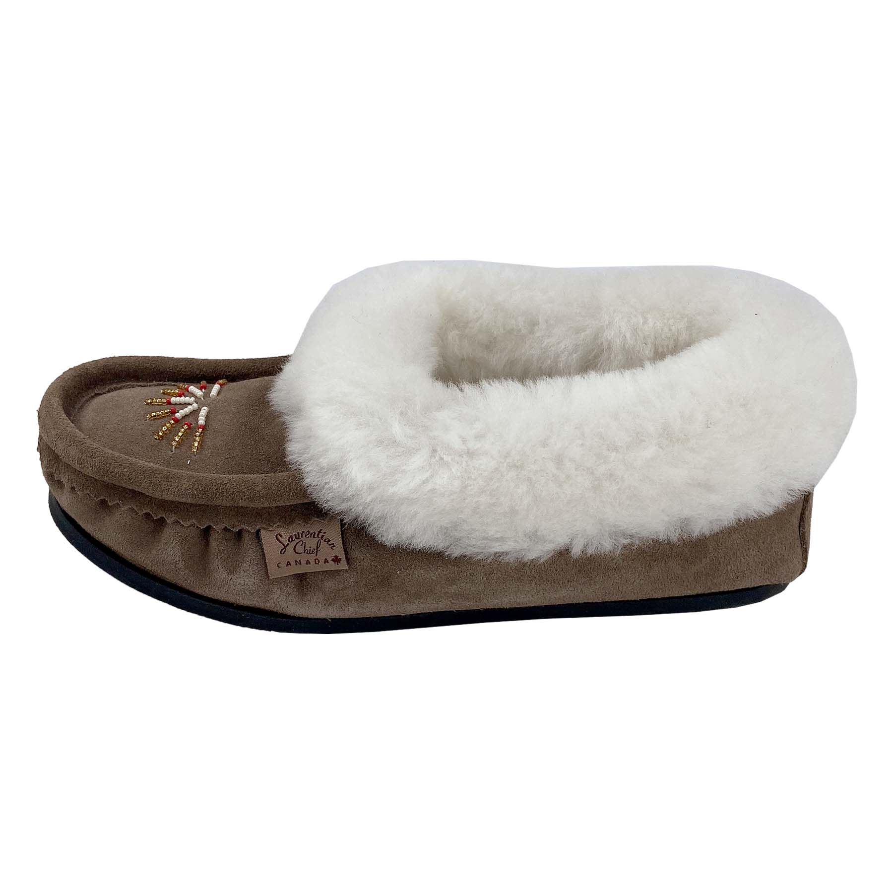 Women's Sheepskin Lined Beaded Crepe Sole Moccasins