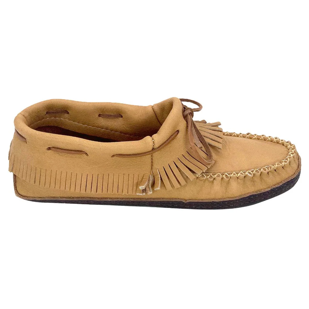 Men's Earthing Moccasins Moose Hide Fringed with Heavy Oil Tan Soles