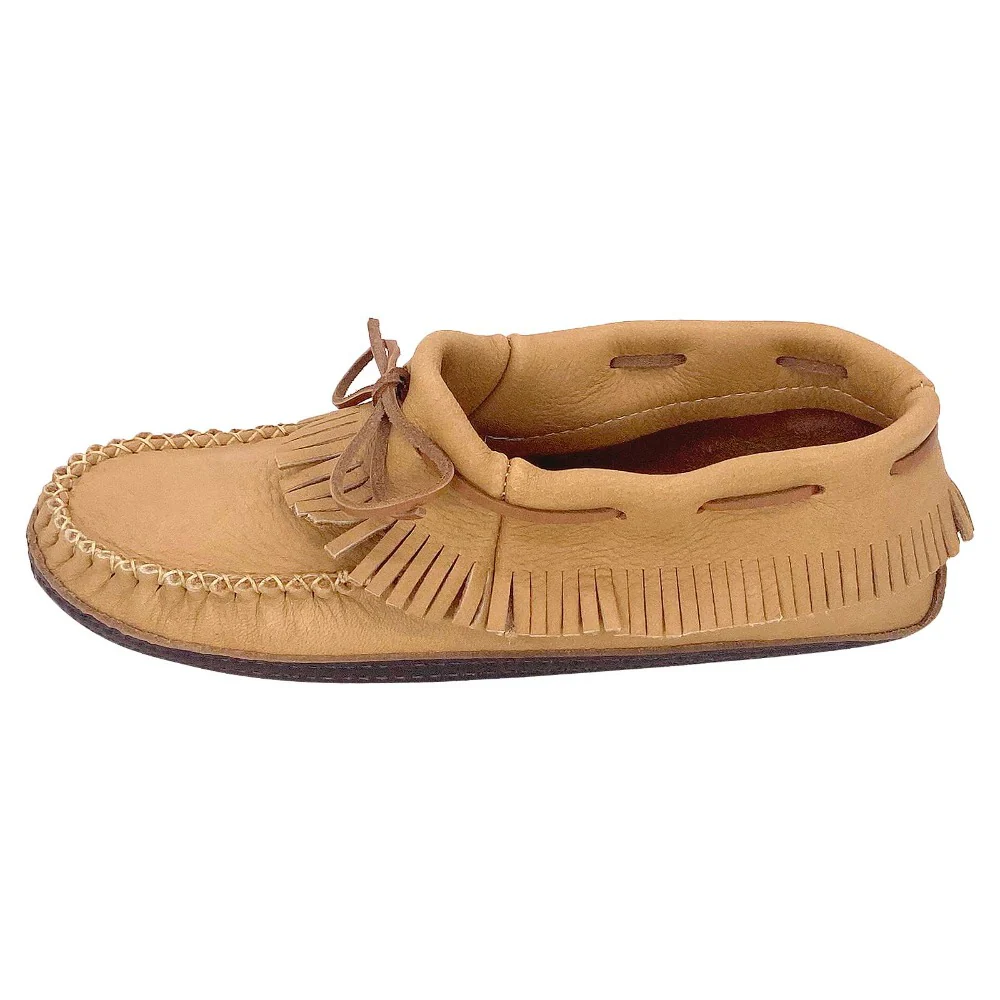 Men's Earthing Moccasins Moose Hide Fringed with Heavy Oil Tan Soles