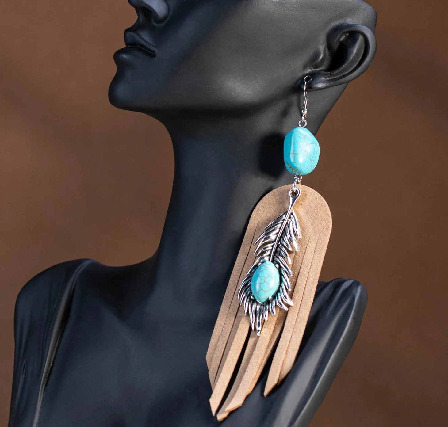 Turquoise Stone Suede Tassels Statement Earrings