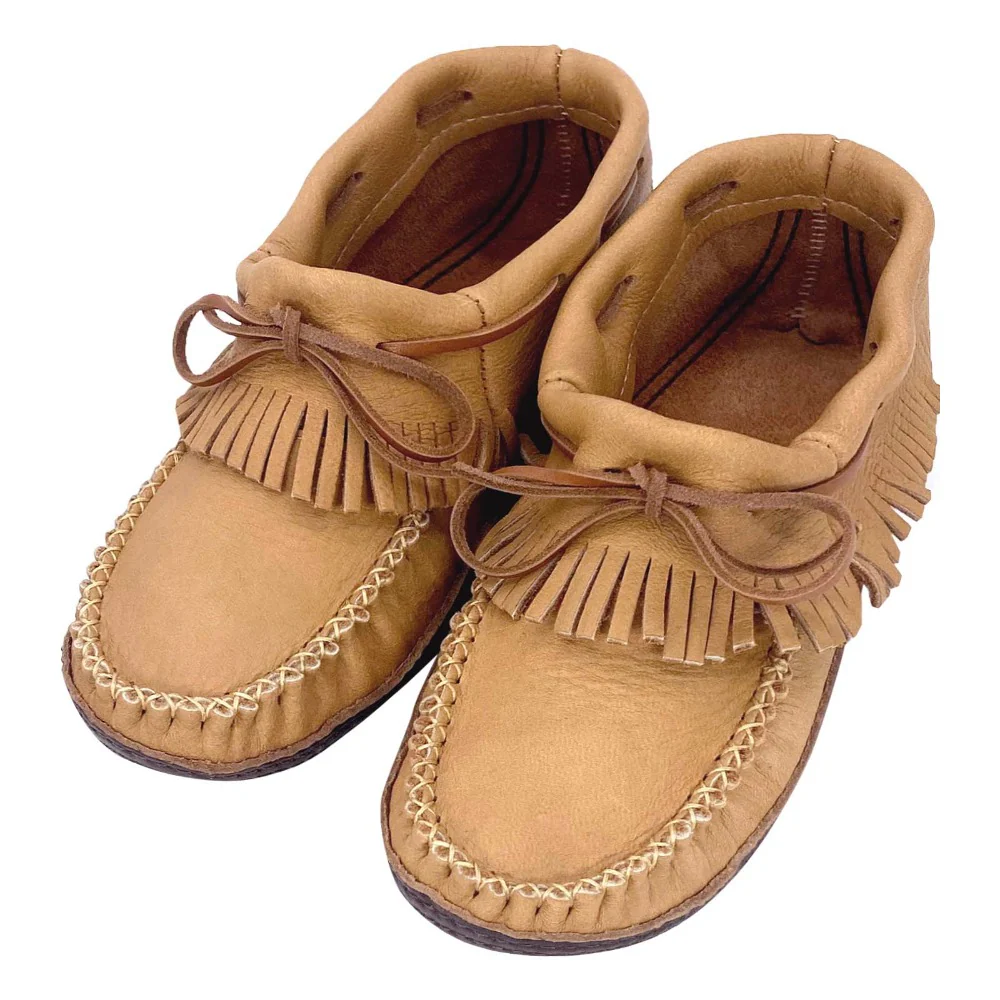 Men's Earthing Moccasins Moose Hide Fringed with Heavy Oil Tan Soles