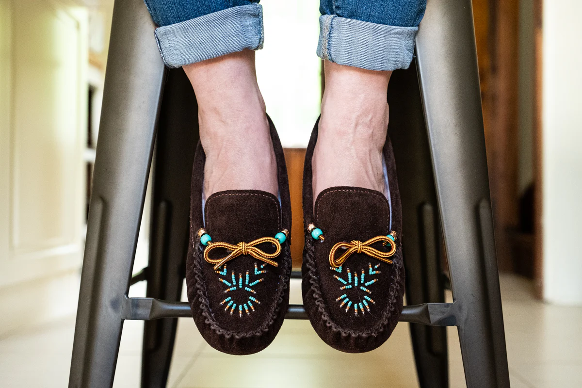 Women's Fleece Lined Beaded Brown Suede Moccasins
