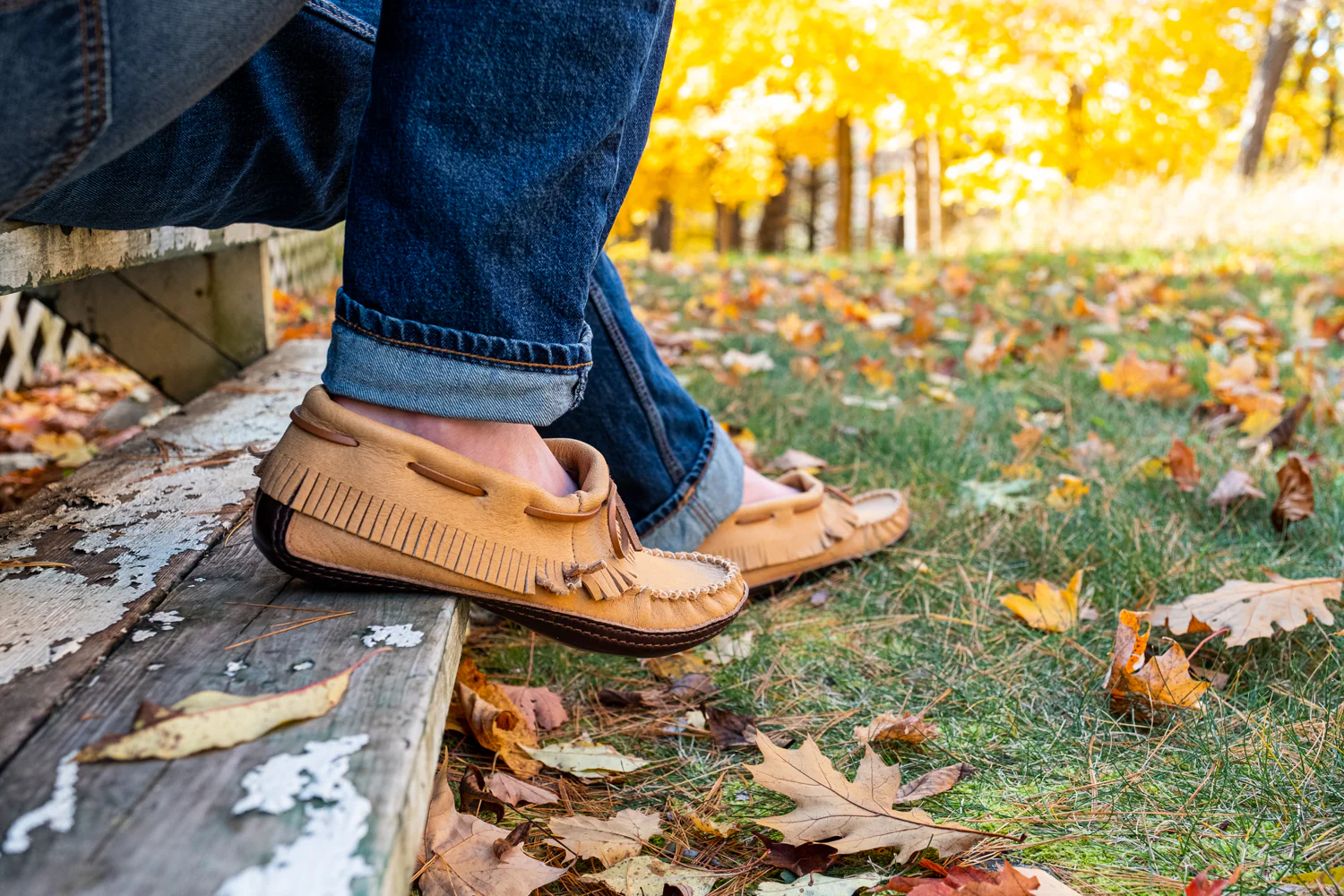 Men's Earthing Moccasins Moose Hide Fringed with Heavy Oil Tan Soles
