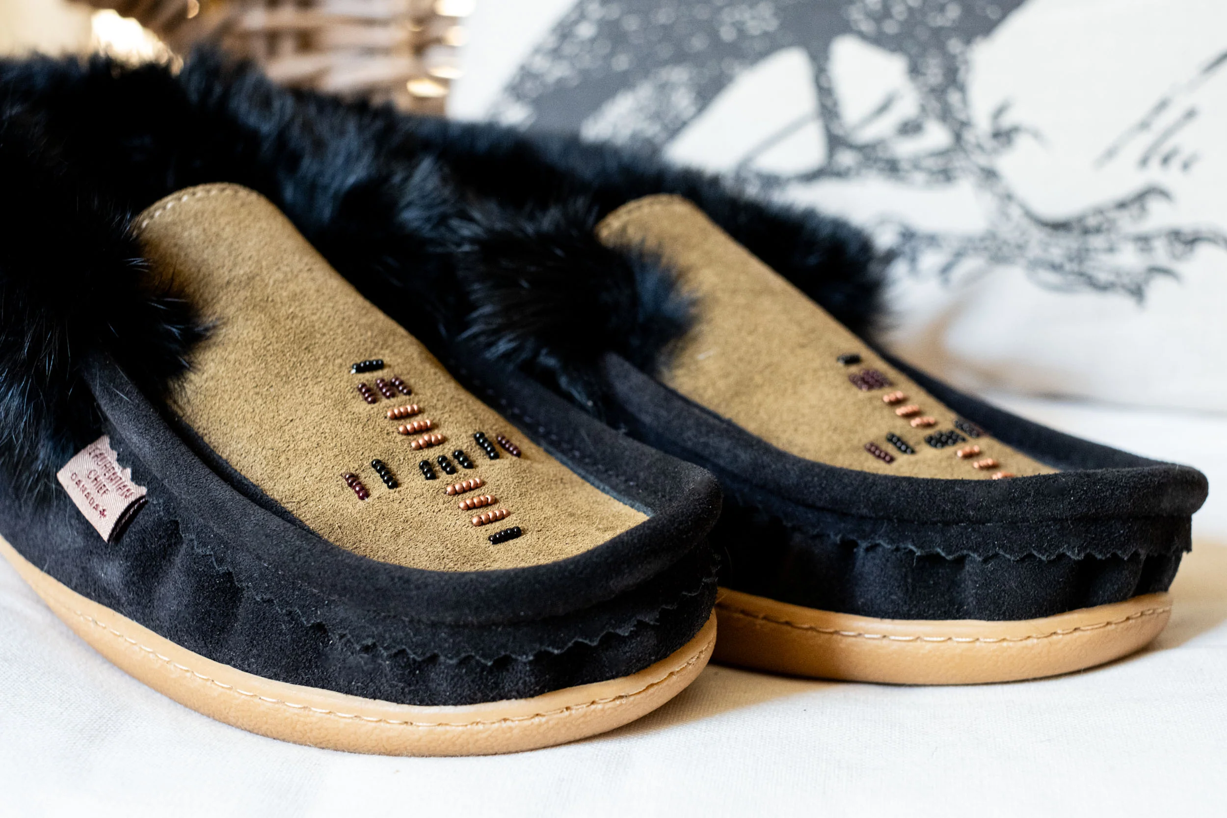 Men's Rabbit Fur Beaded Rubber Sole Moccasins