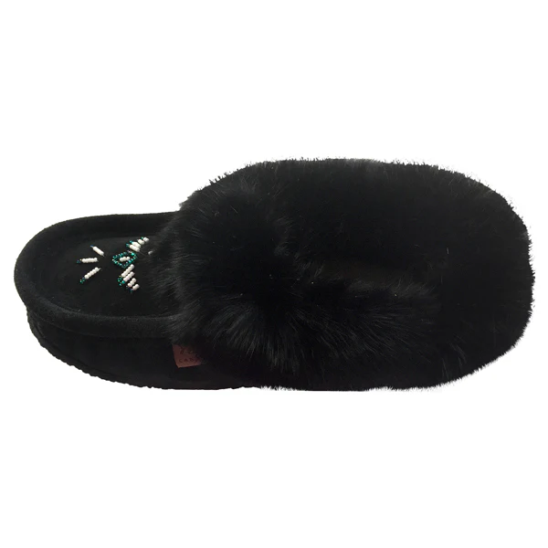 Women's Rabbit Fur Thunderbird Beaded Crepe Sole Moccasins