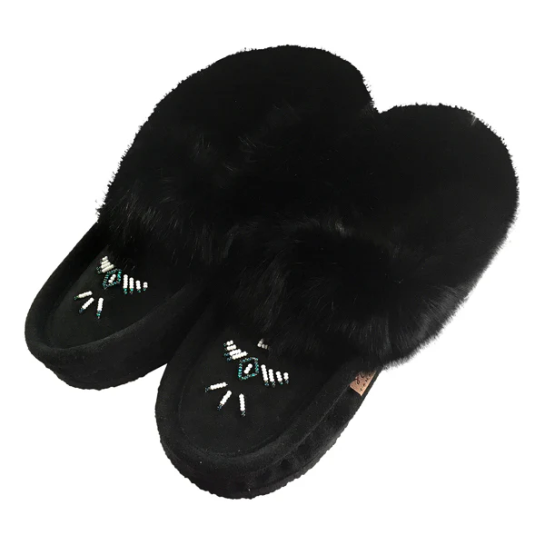 Women's Rabbit Fur Thunderbird Beaded Crepe Sole Moccasins