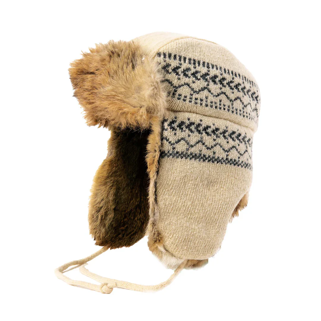 Lambs Wool Knit Aviator Hat with Rabbit Trim