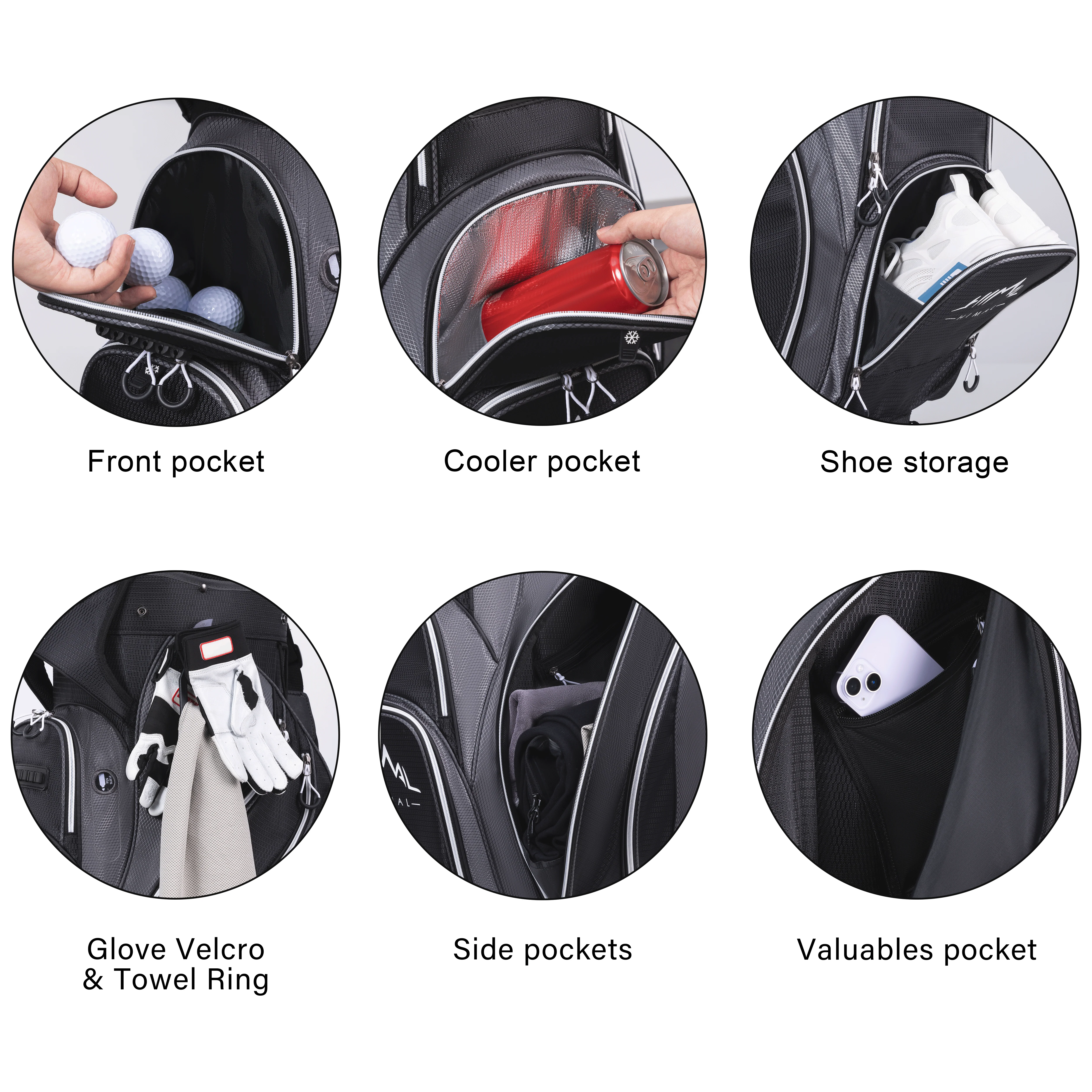 Golf Cart Bag with 14-Way Divider Top-Black Grey