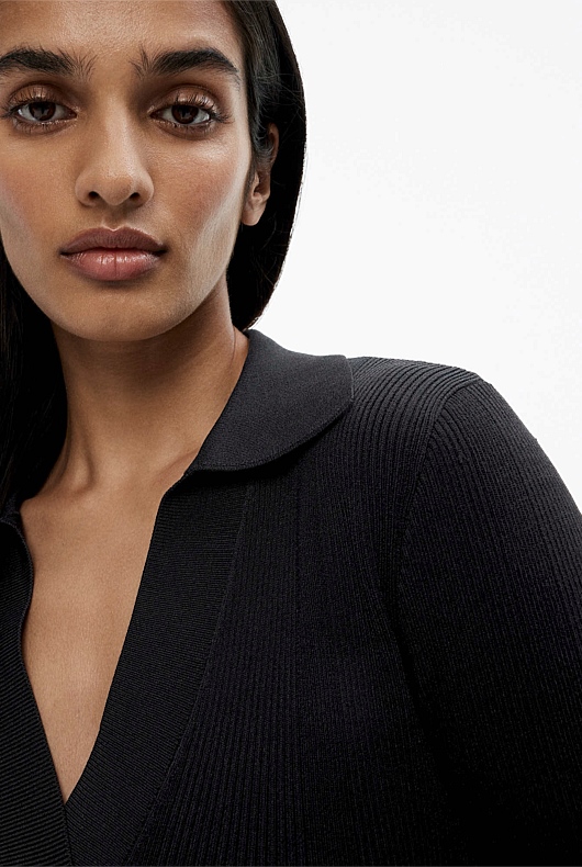 Crepe Henley Knit Dress - Black