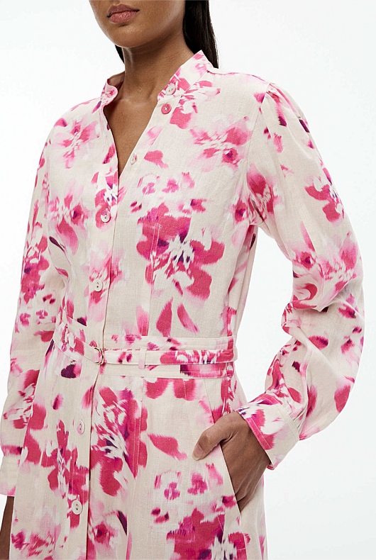 Ikat Bloom Print Dress - Buff