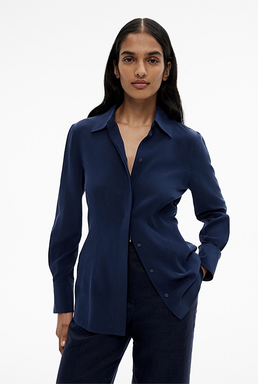 Silk Dart Detail Shirt - Ink Blue