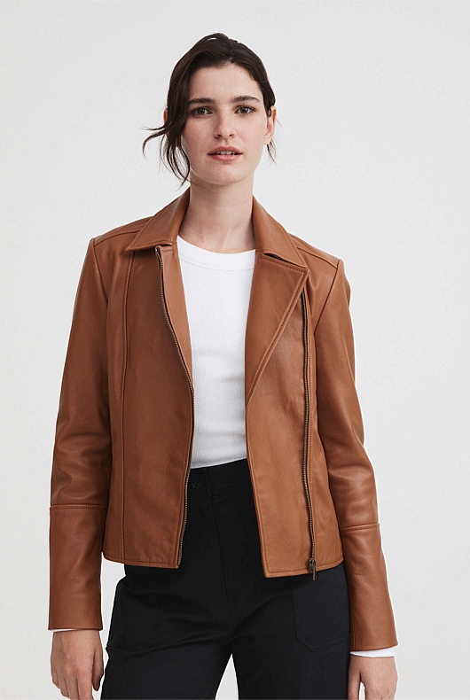 Leather Biker Jacket - Chestnut