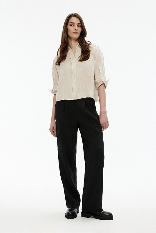 French Linen Yarn Dye Cropped Shirt - Flax
