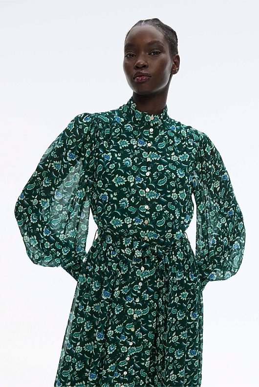 Tile Floral High Neck Dress - Viridian Green